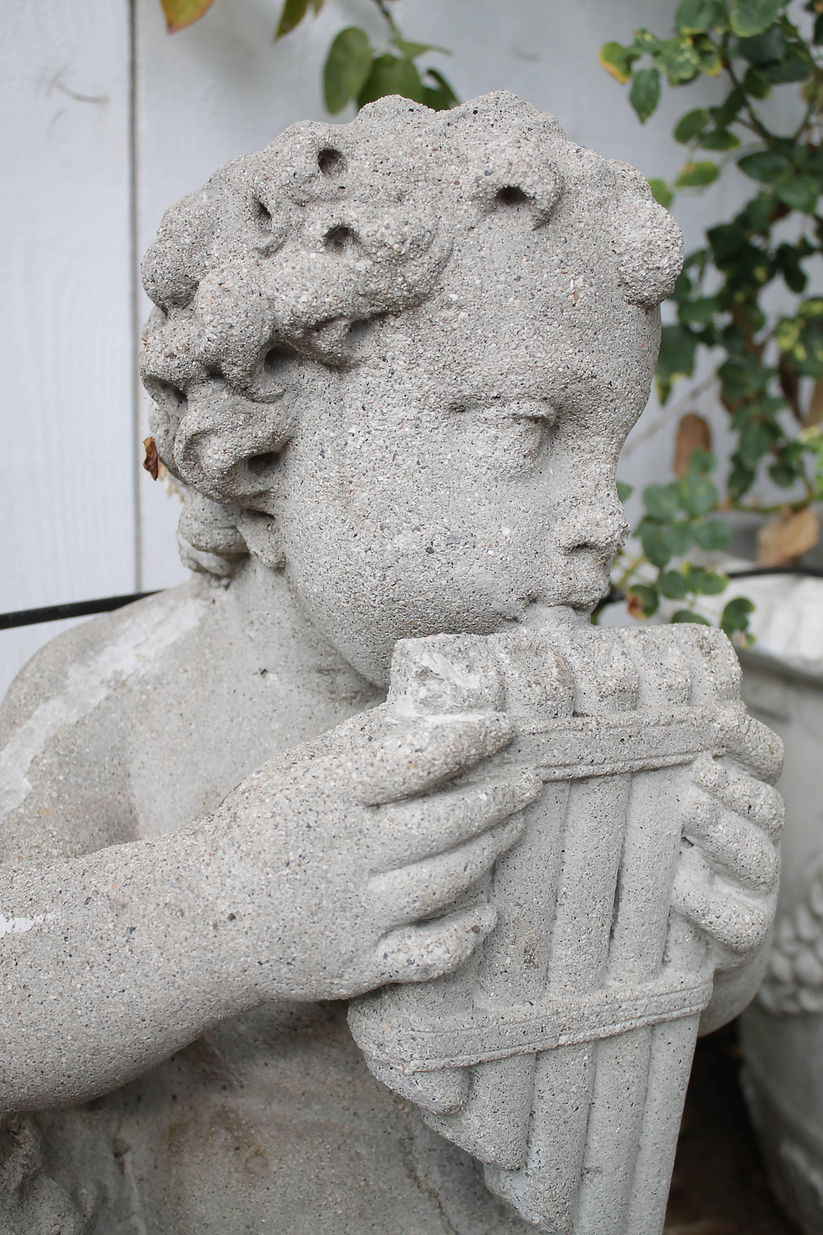 Vintage Cast Stone Cherub with Musical Instrument In Good Condition In Brea, CA