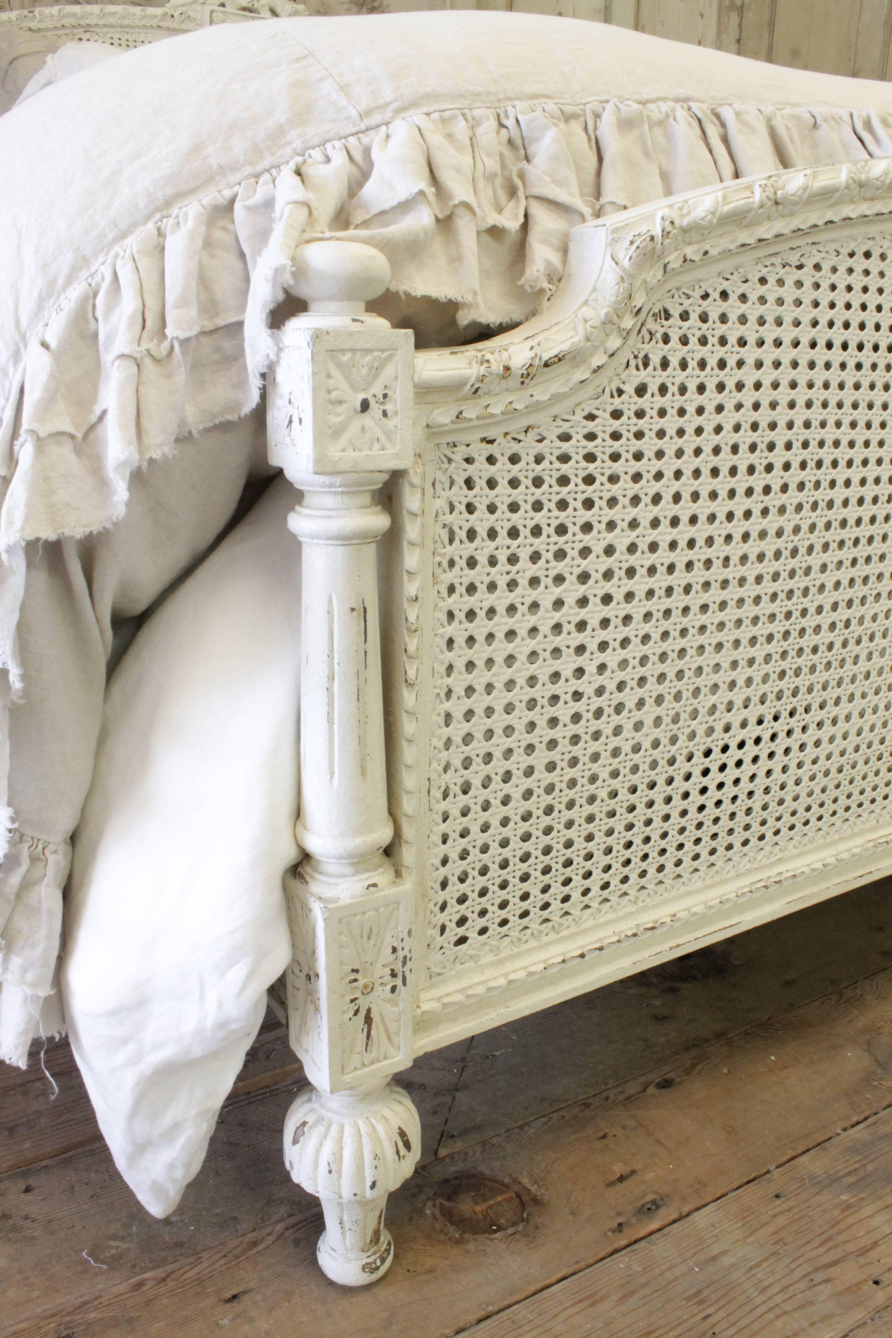 Caning French Painted Louis XVI Queen-Size Bed Frame