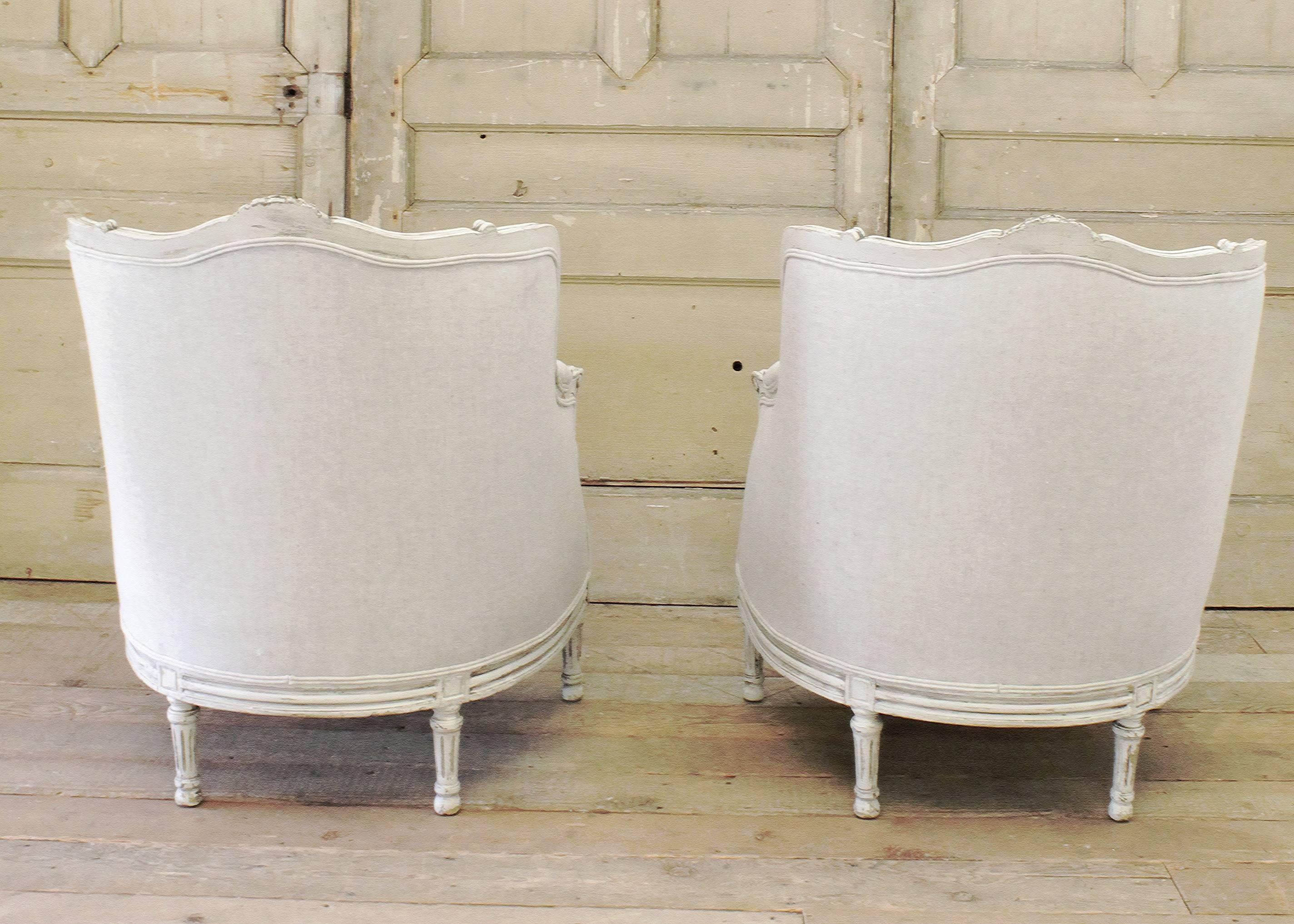 French Pair of Antique Large Louis XVI Style Bergere Chairs in Natural Linen