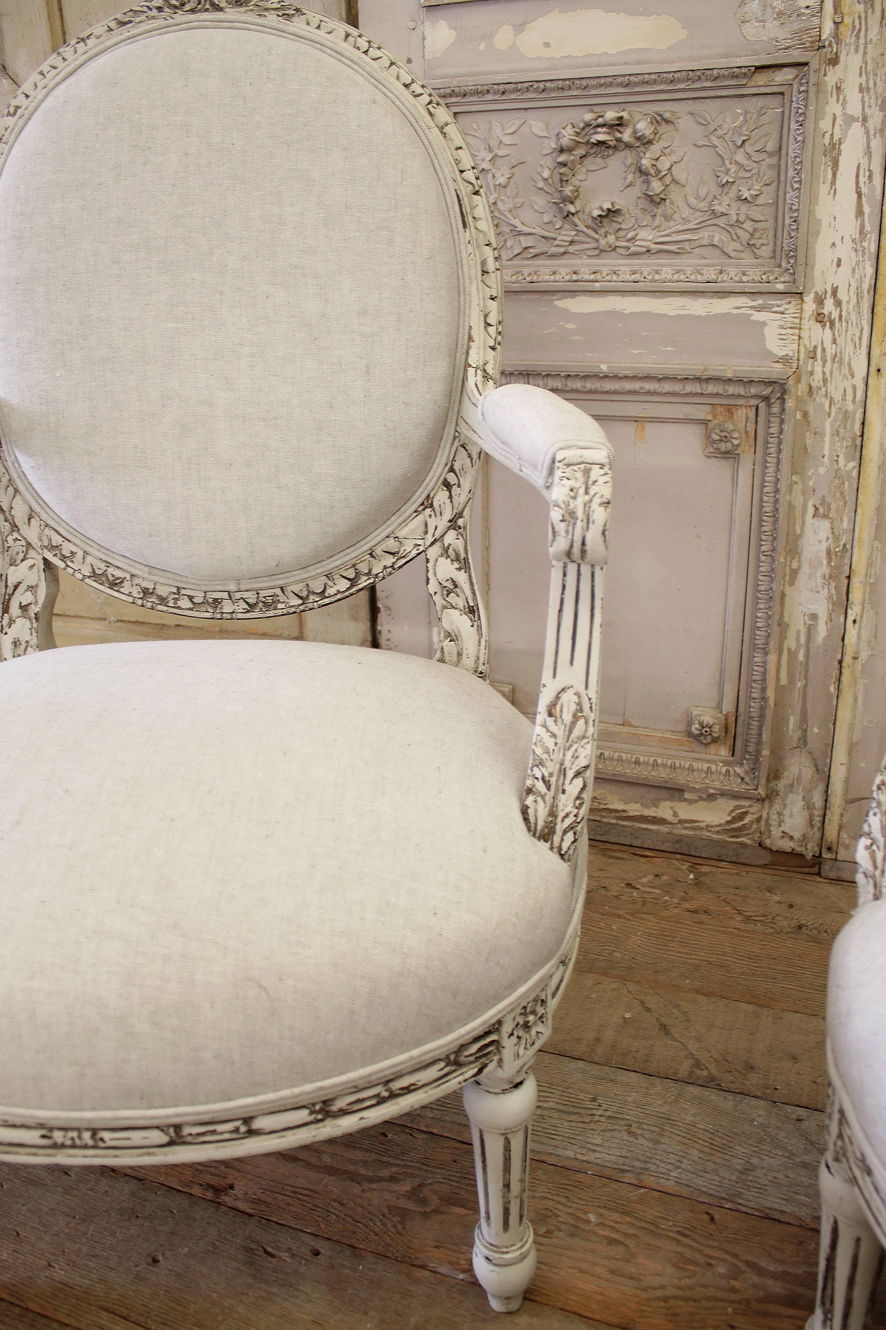19th Century Pair of Painted French Louis XVI Style Fauteuils