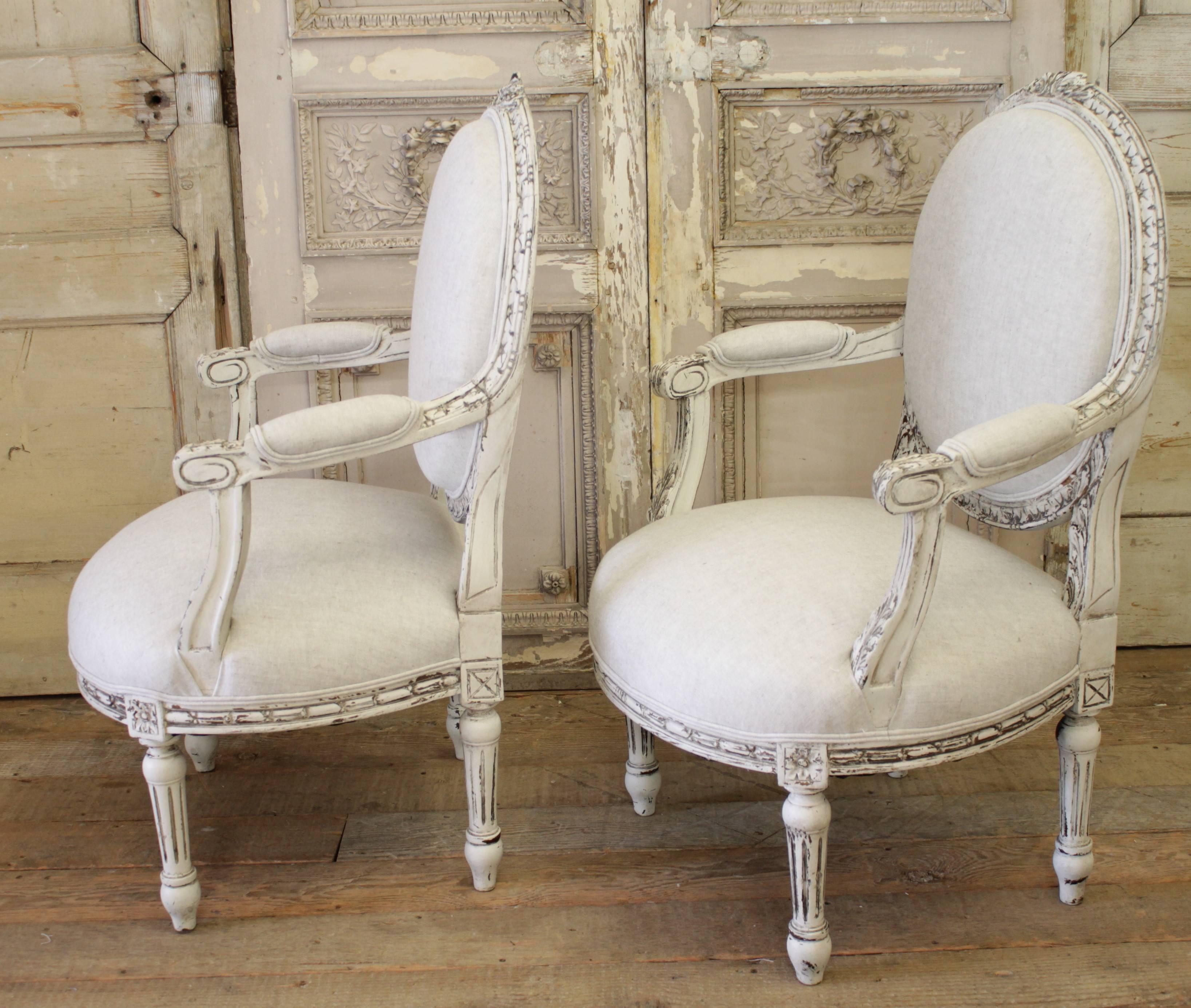 Linen Pair of Painted French Louis XVI Style Fauteuils
