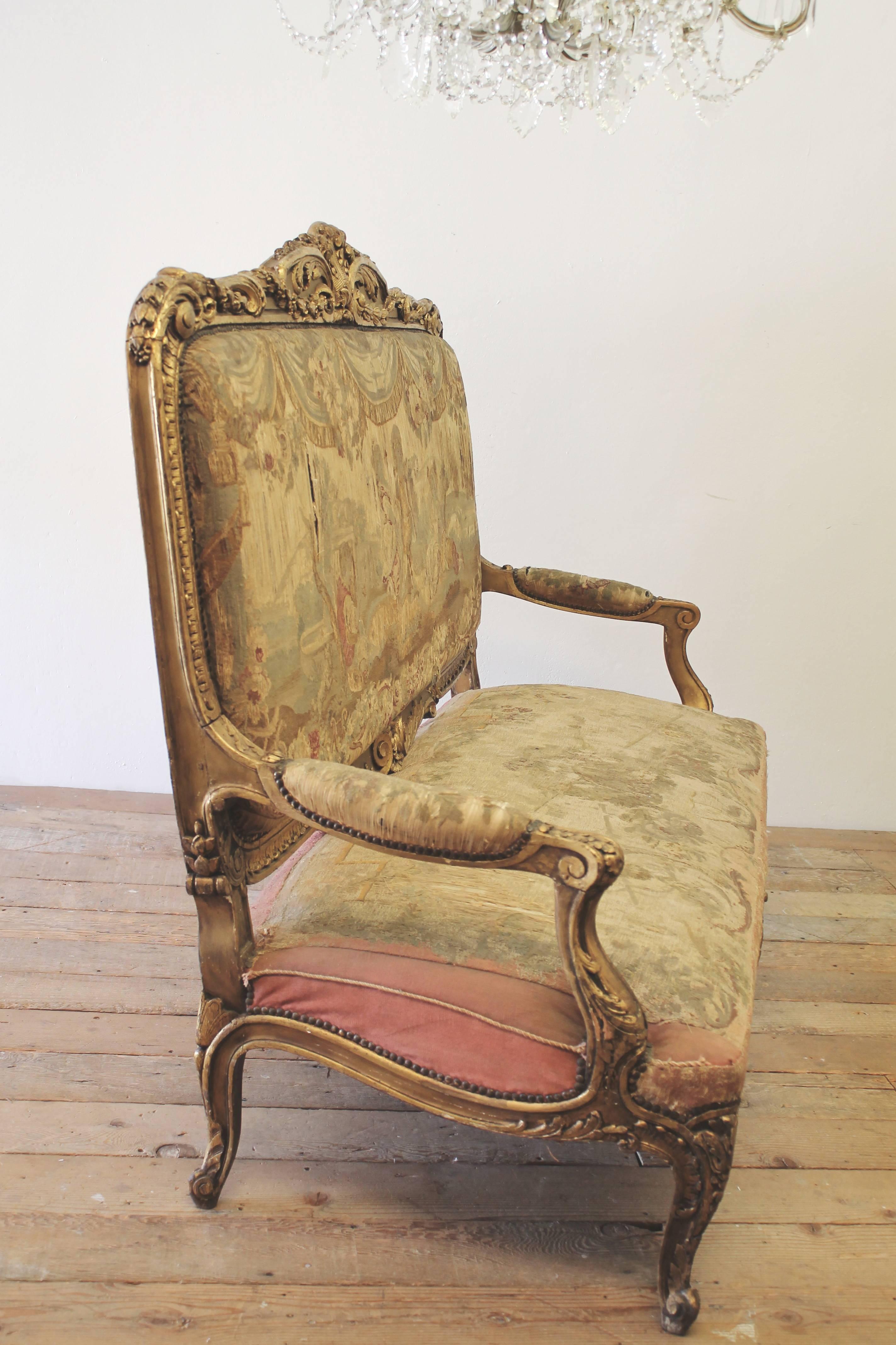 19th Century Antique Aubusson French Gilded Louis XV Style Settee
