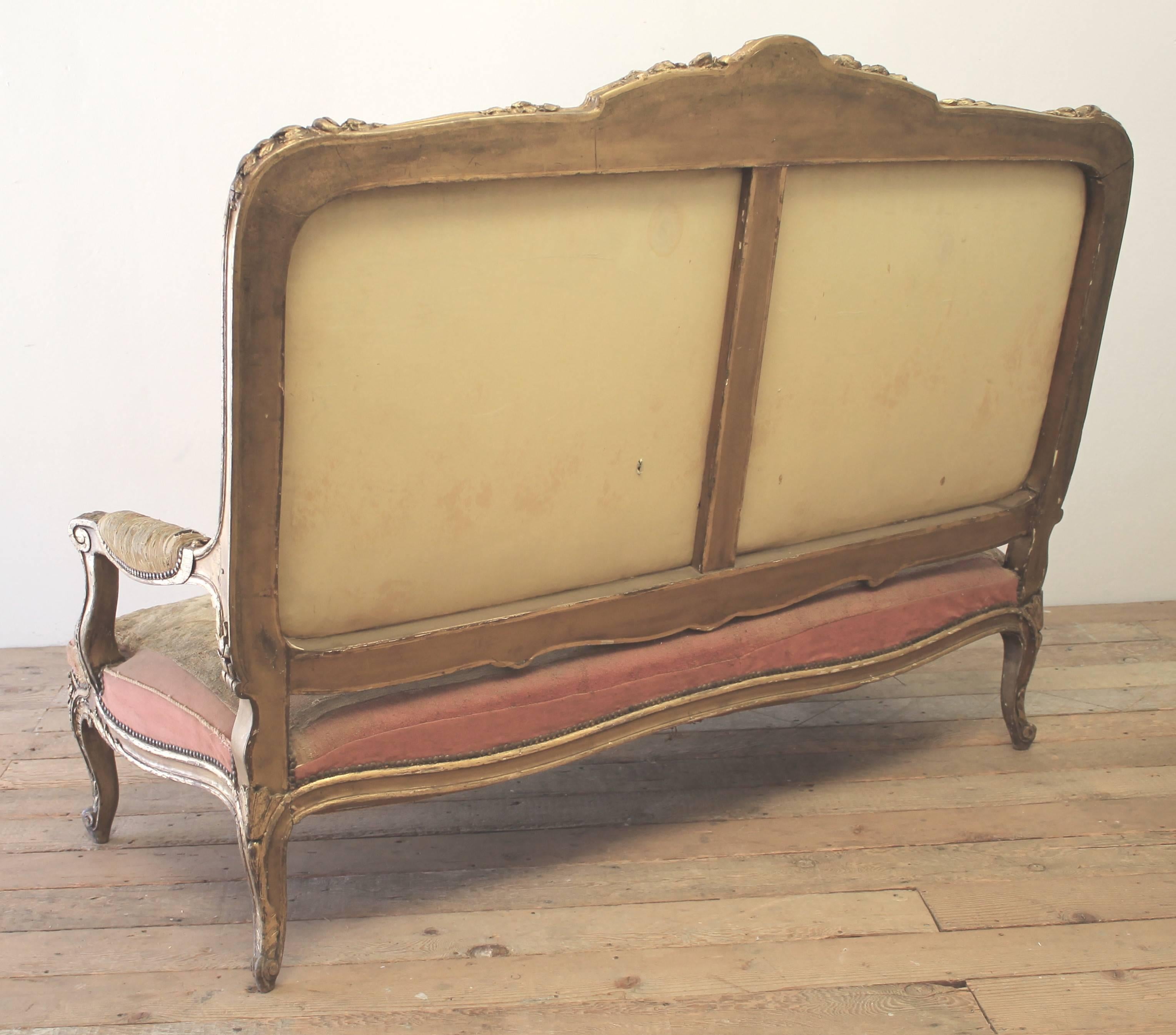 Fabric Antique Aubusson French Gilded Louis XV Style Settee