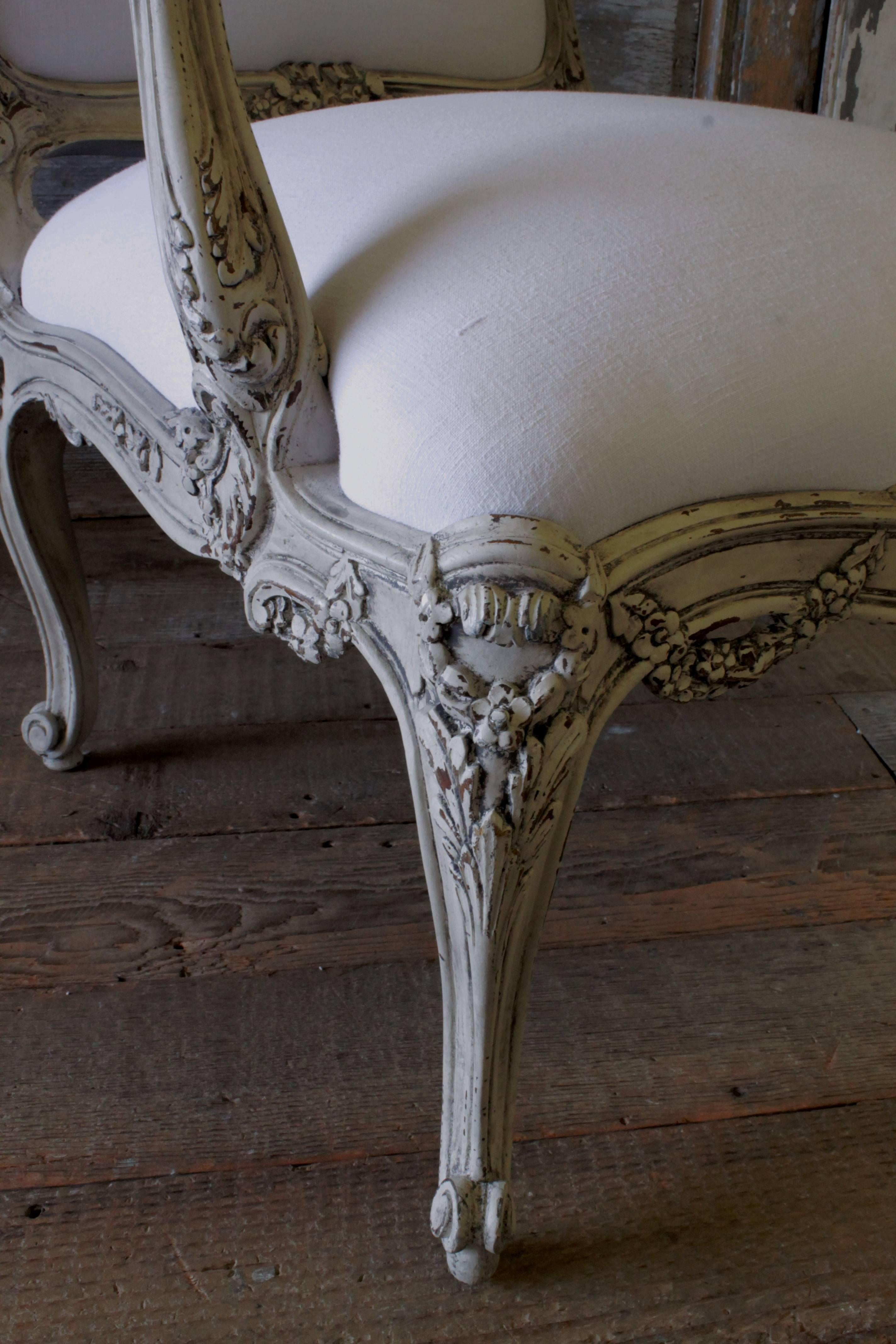 Wood Louis XV Painted Armchair in Homespun Linen