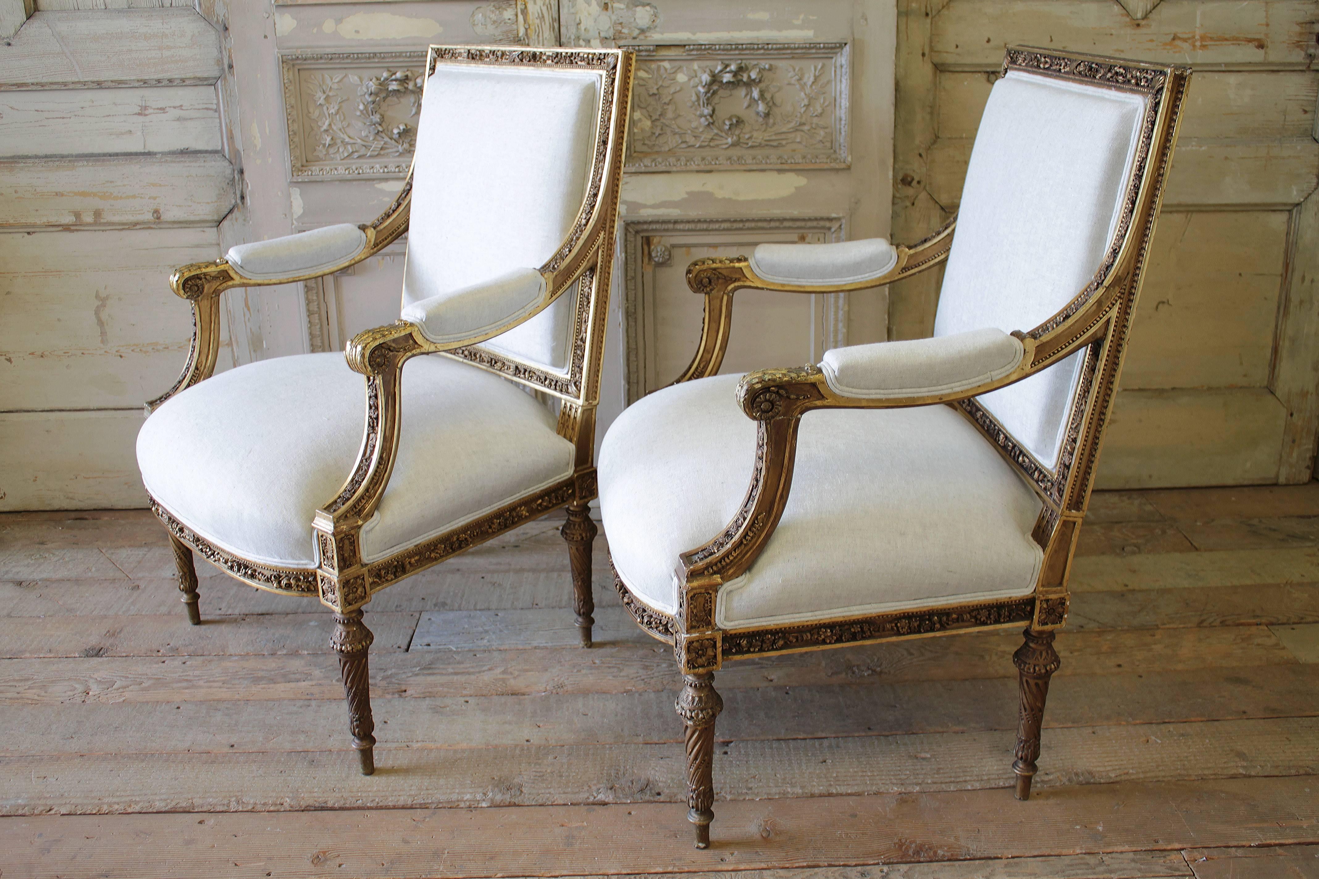 Pair of 19th Century Louis XVI Carved Giltwood Chairs 2