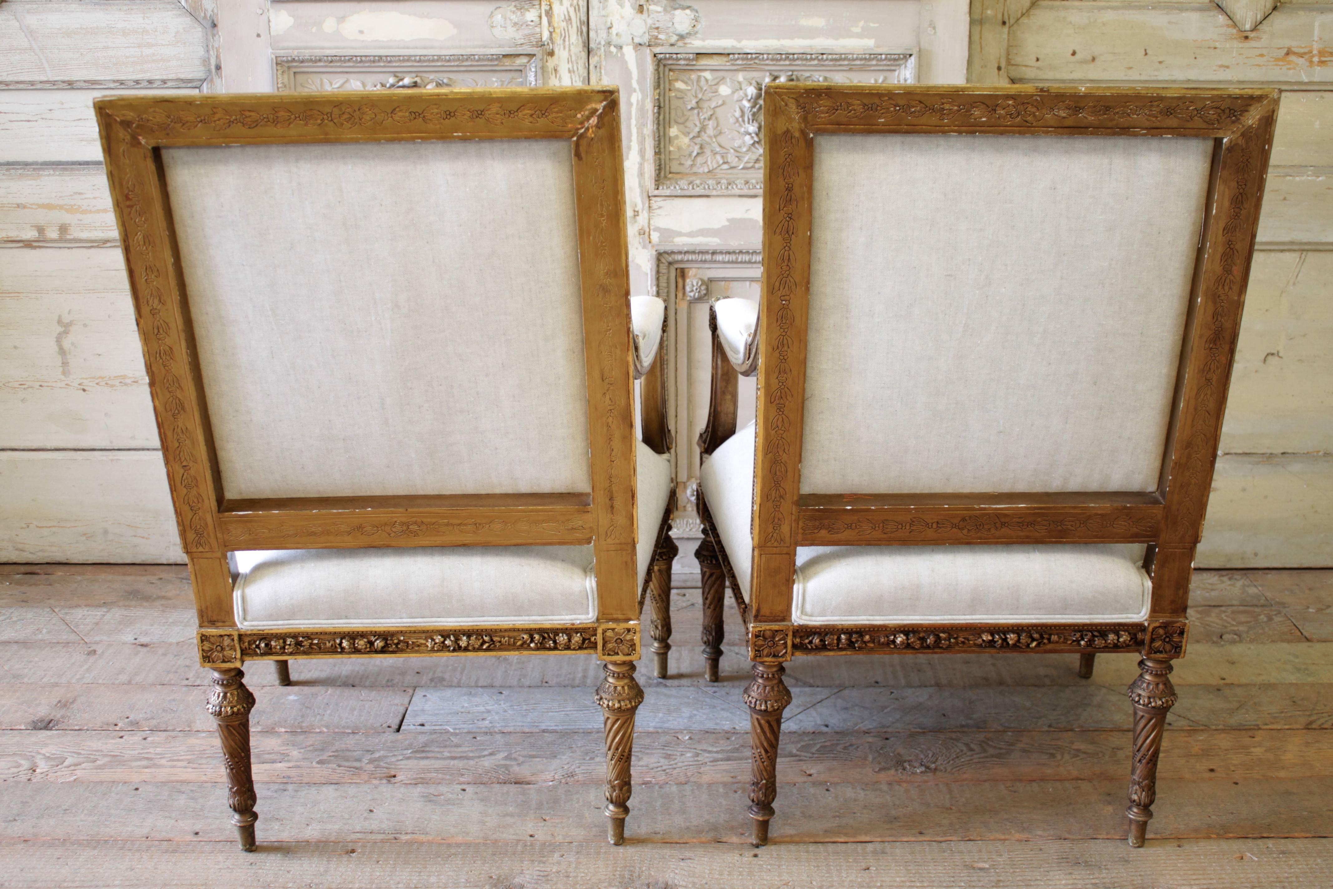 Pair of 19th Century Louis XVI Carved Giltwood Chairs 3