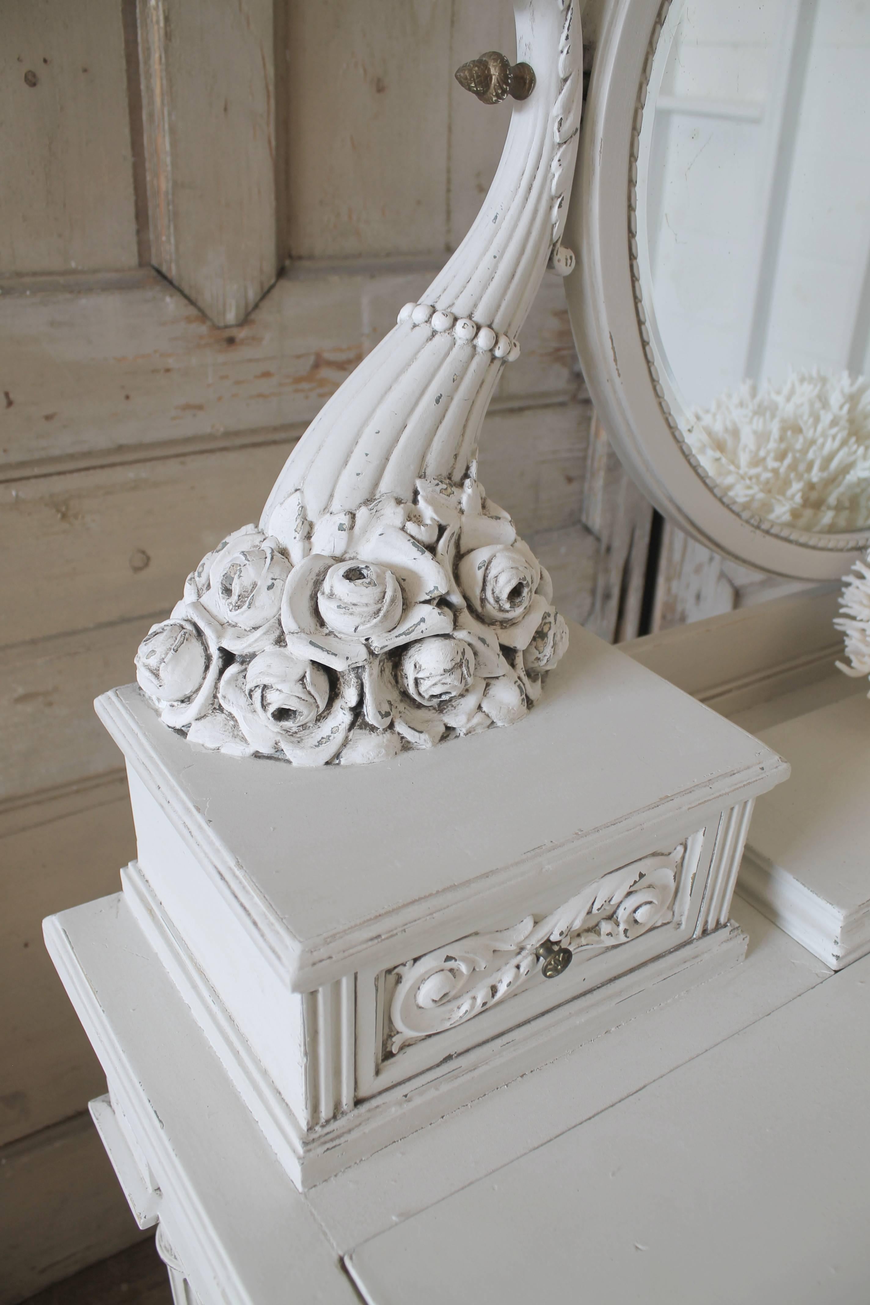 French Antique Rose Carved Louis XVI Style Vanity