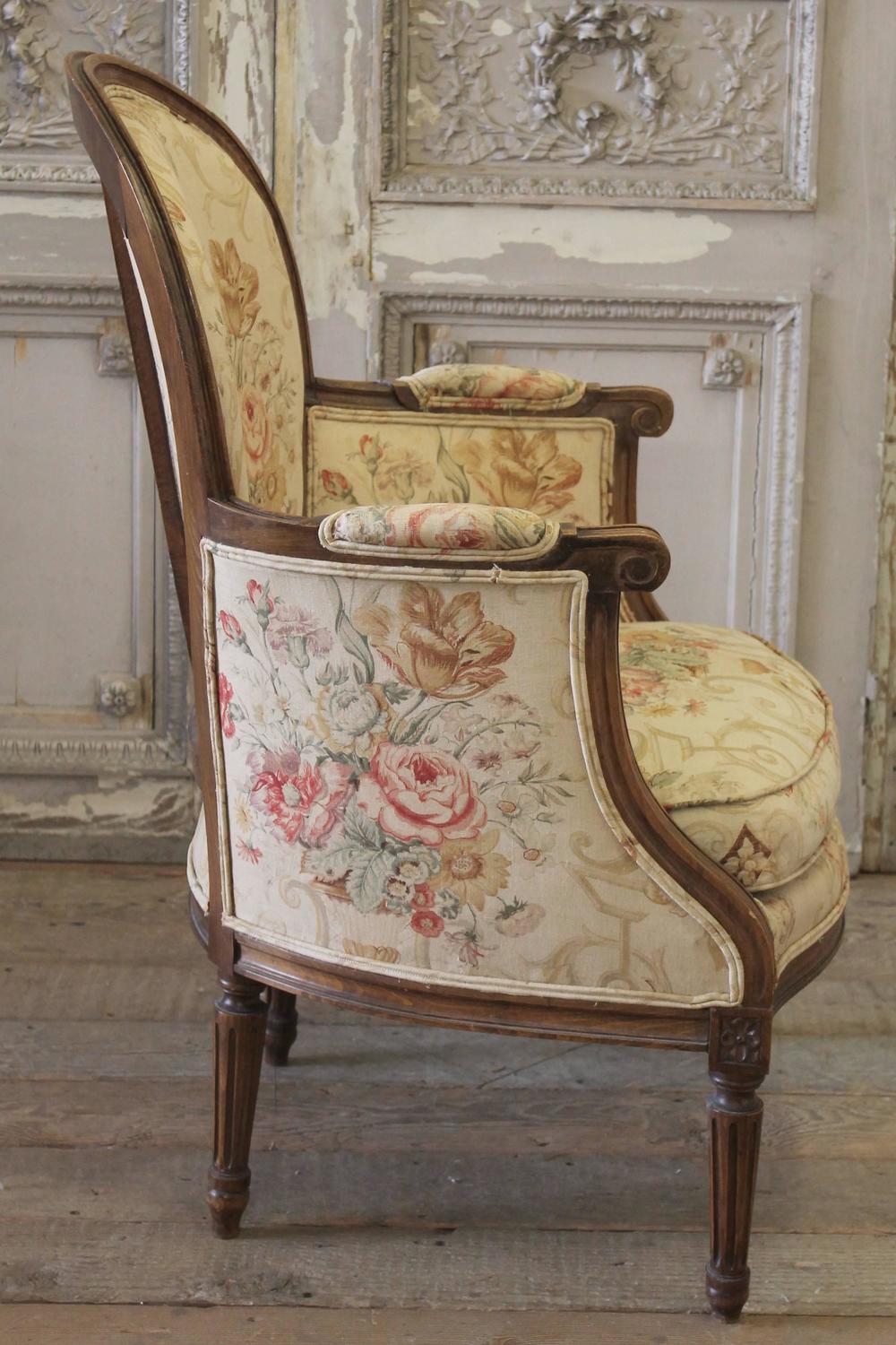 Antique French Country Louis XVI Bergere Chair in Linen with Roses at
