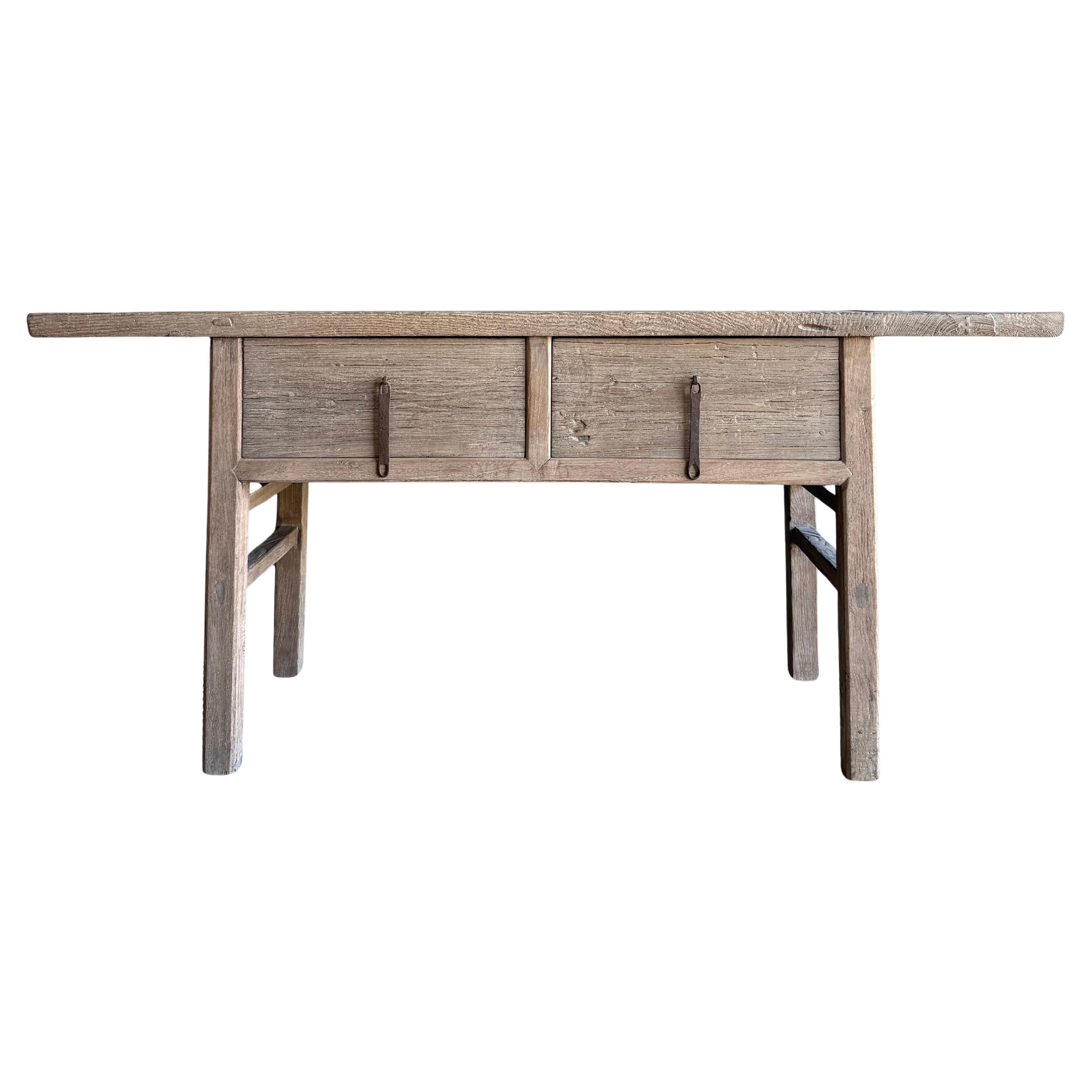 Vintage Elm Wood Console Natural Finish with 2 Drawers