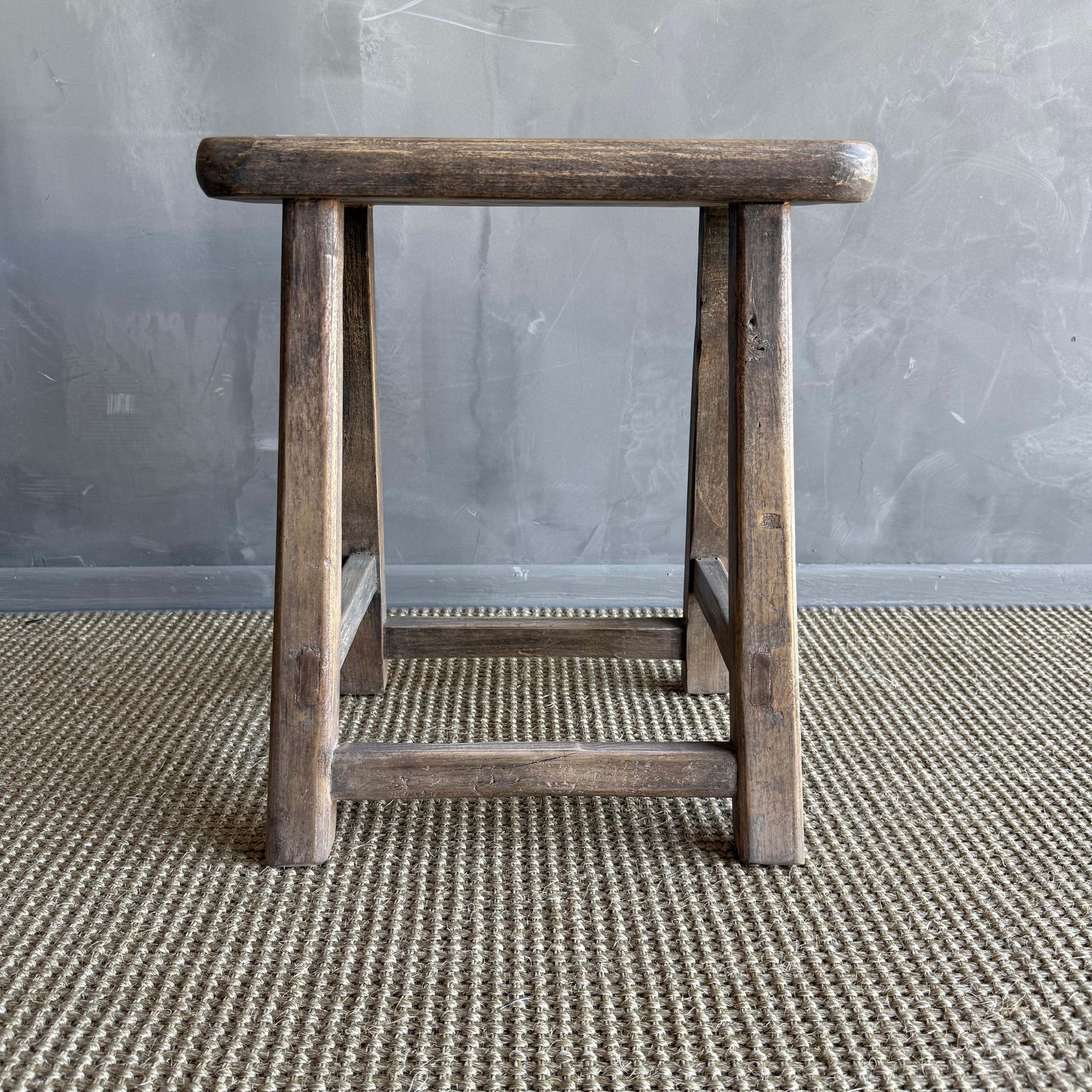 Organic Modern Vintage Elm Wood Stool For Sale