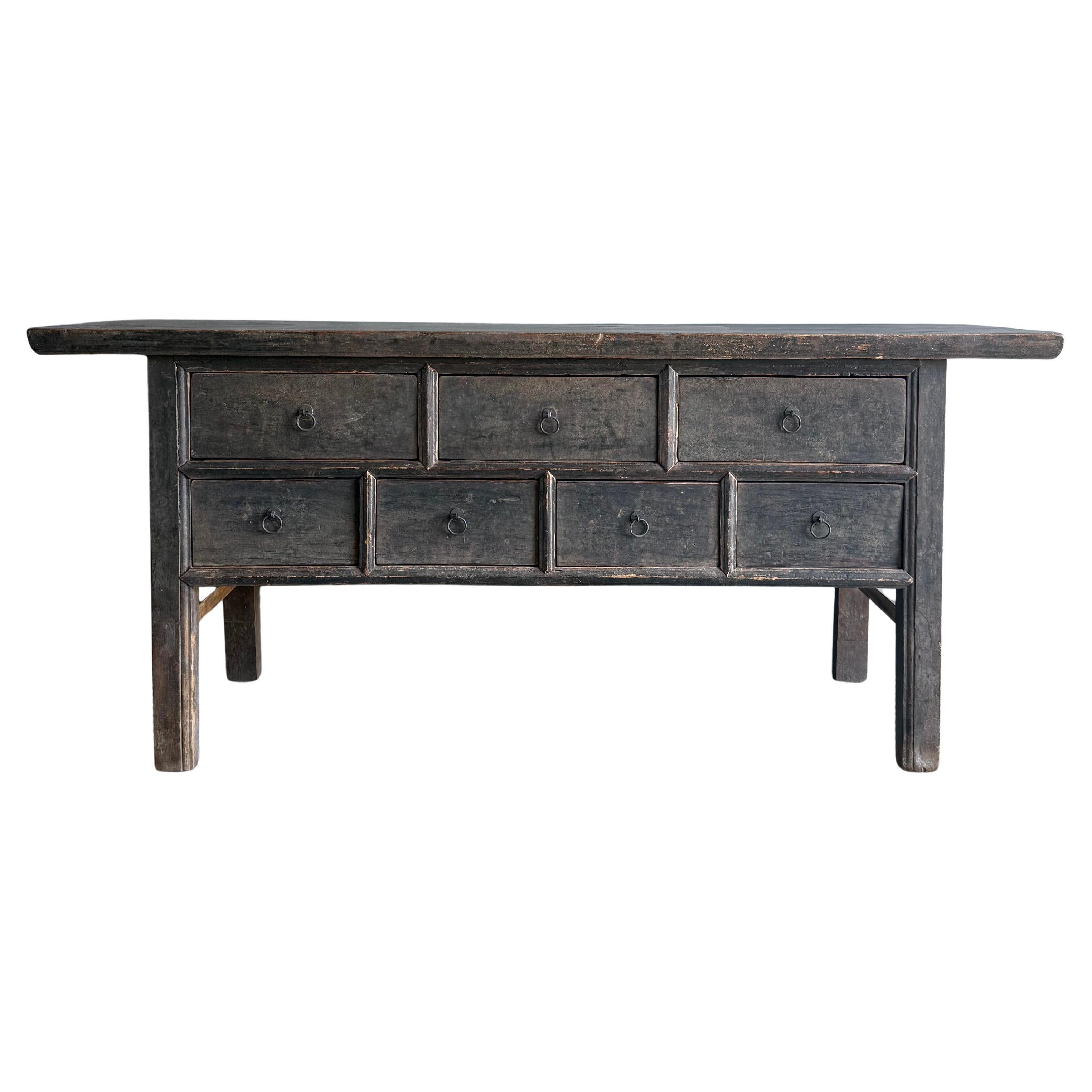 Vintage Elm Wood Console Table with Drawers