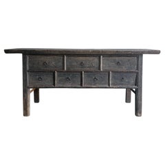 Vintage Elm Wood Console Table with Drawers