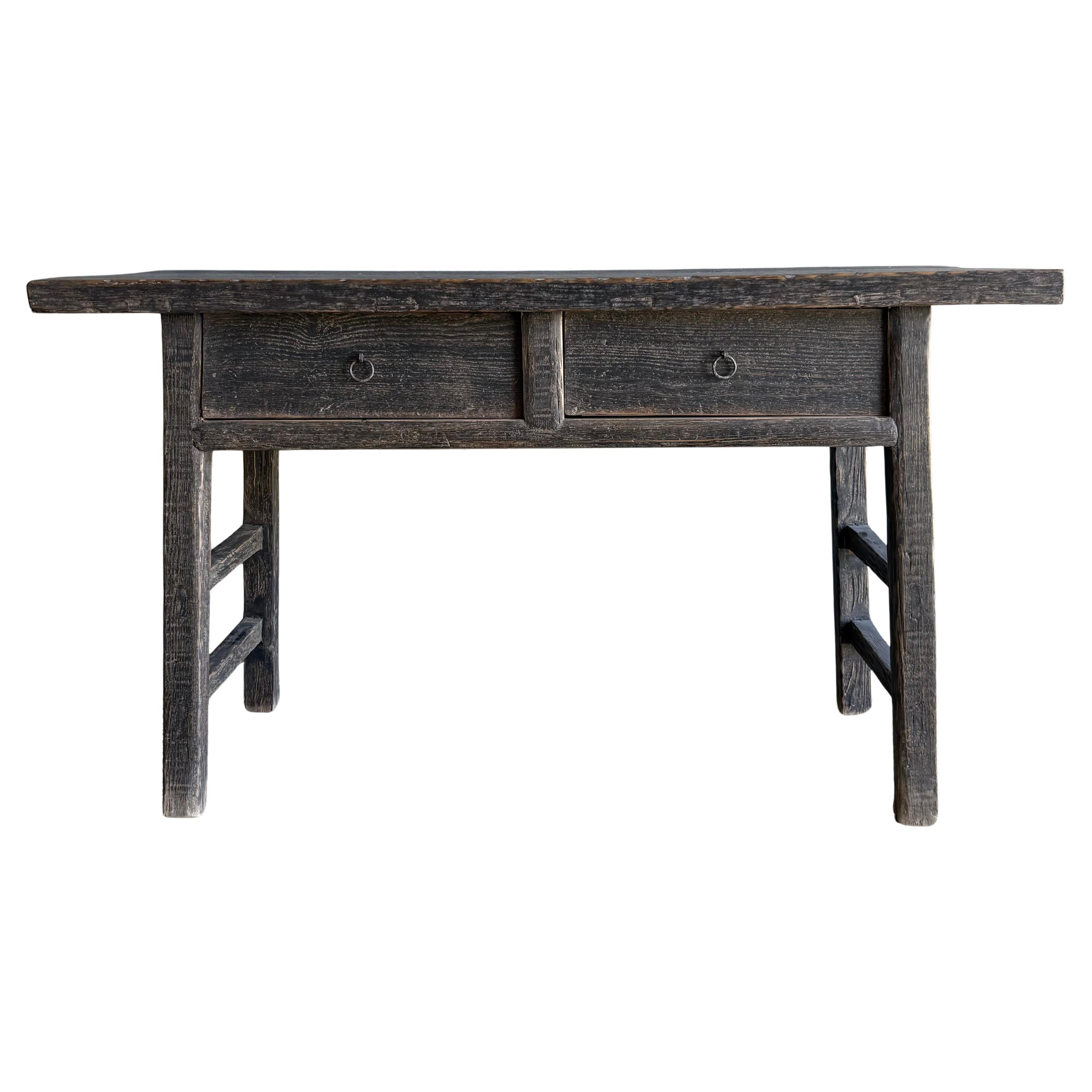 Vintage Elm Wood Console Painted Finish with 2 Drawers