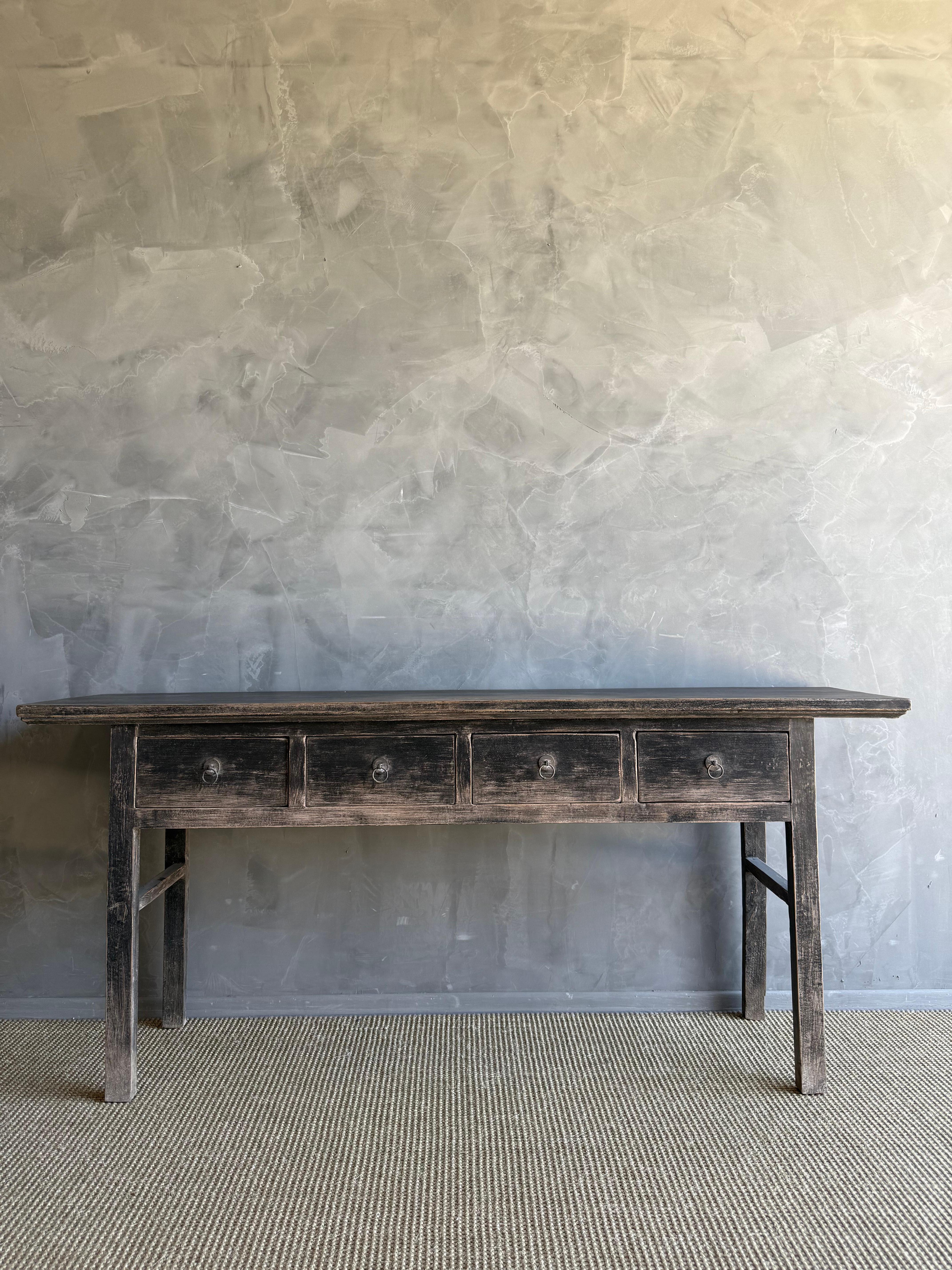 Organic Modern Vintage Elm Wood Console Painted Finish with 4 Drawers For Sale