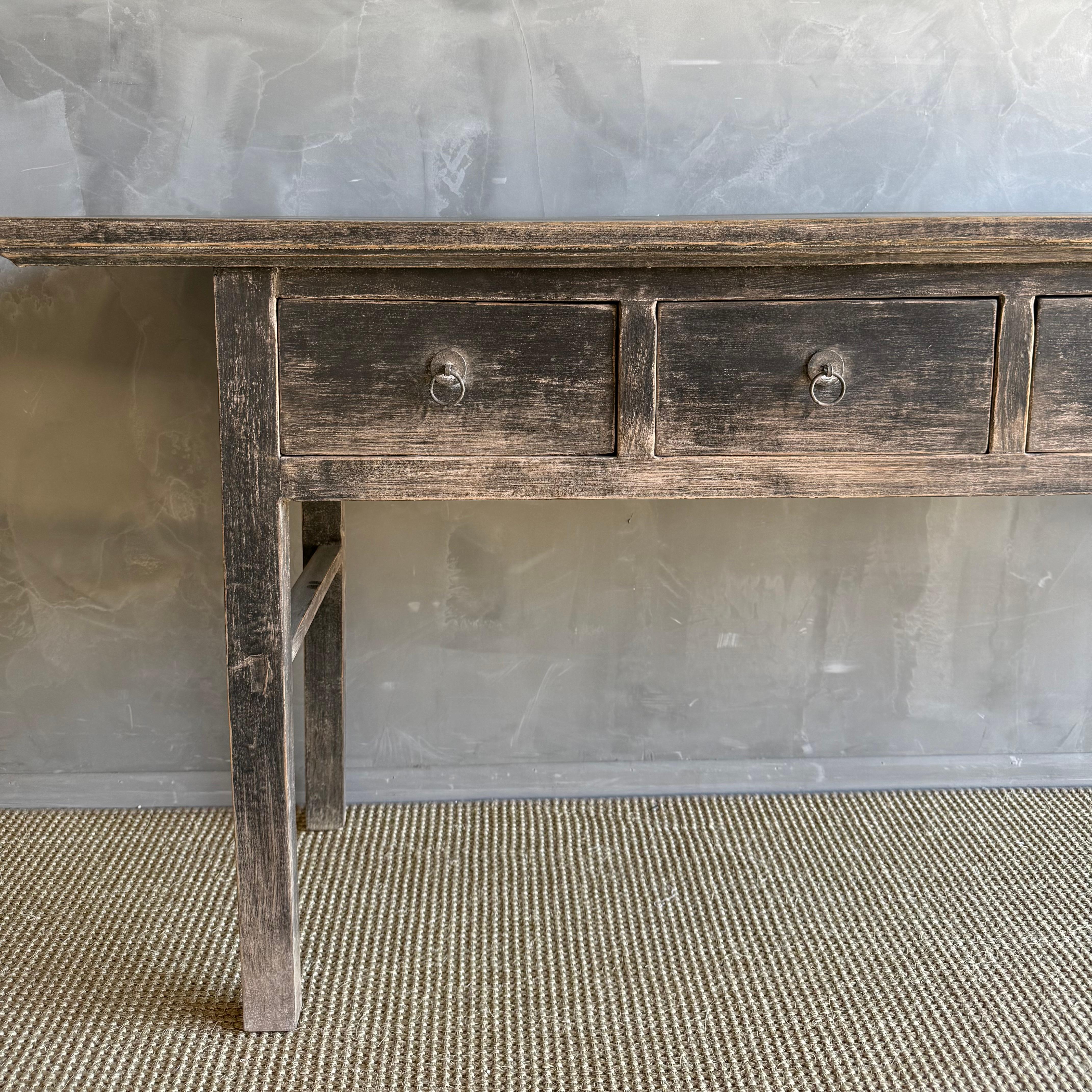 Vintage Elm Wood Console Painted Finish with 4 Drawers For Sale 1