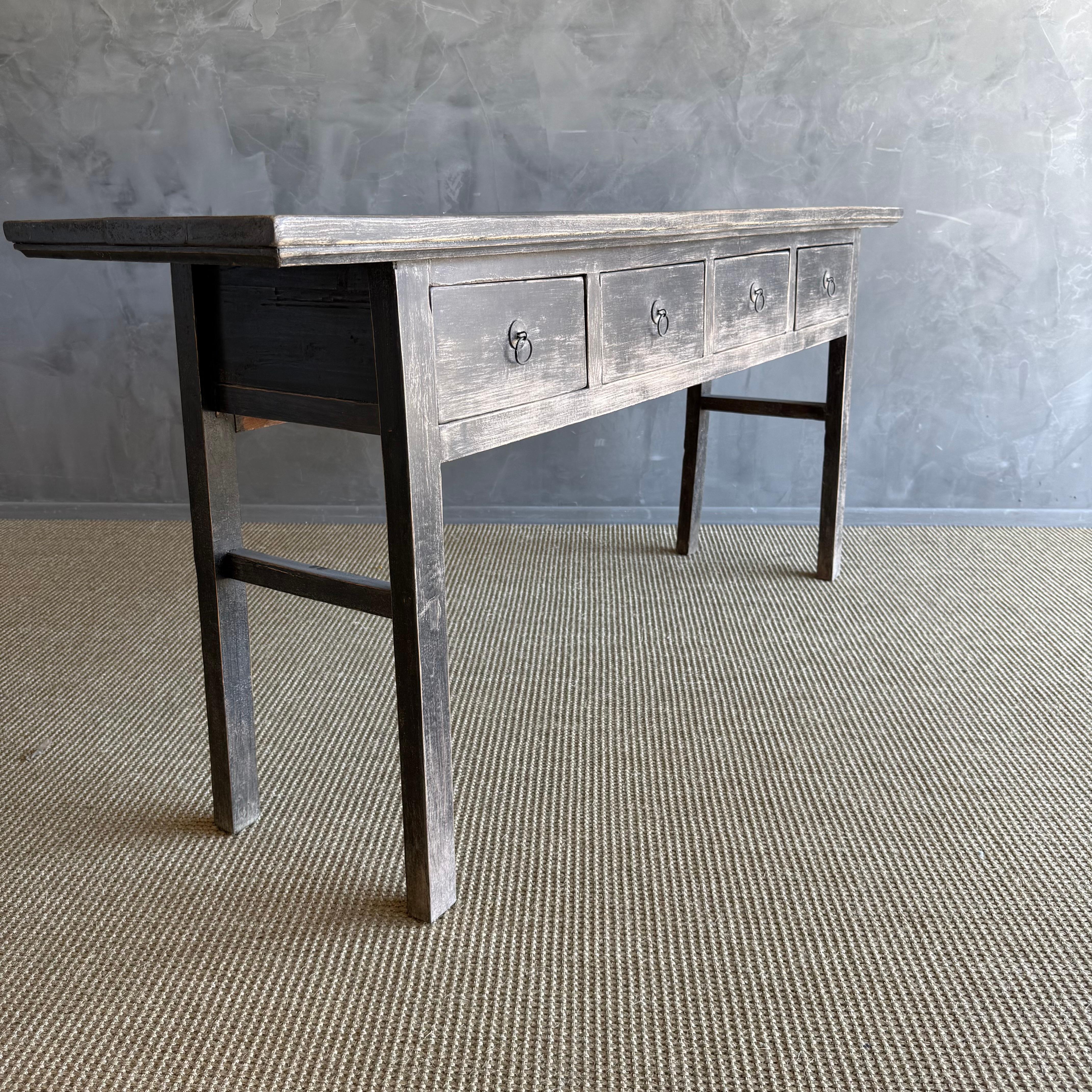 Vintage Elm Wood Console Painted Finish with 4 Drawers For Sale 2