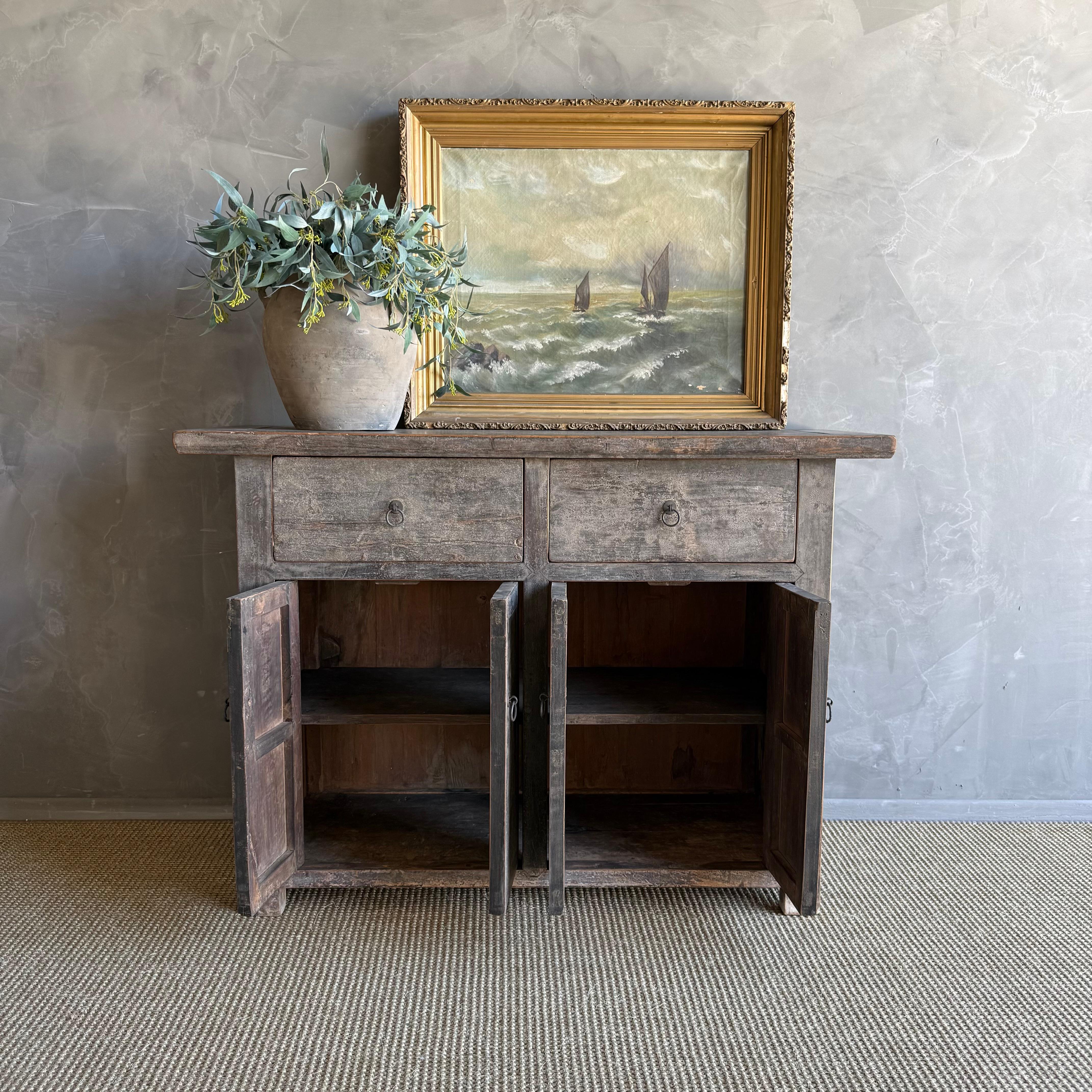 Organic Modern Vintage Painted Sideboard Cabinet with 2 Drawers For Sale