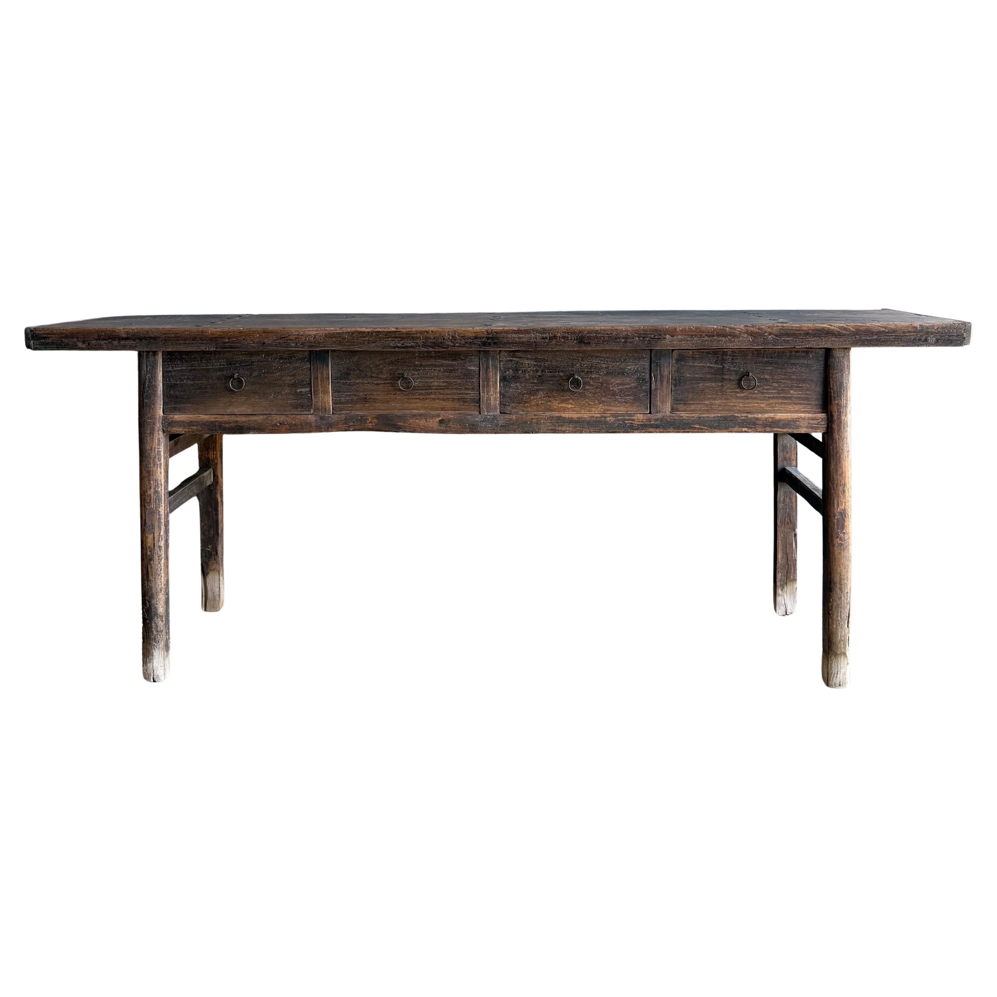 Vintage Elm Wood Painted Console with Drawers