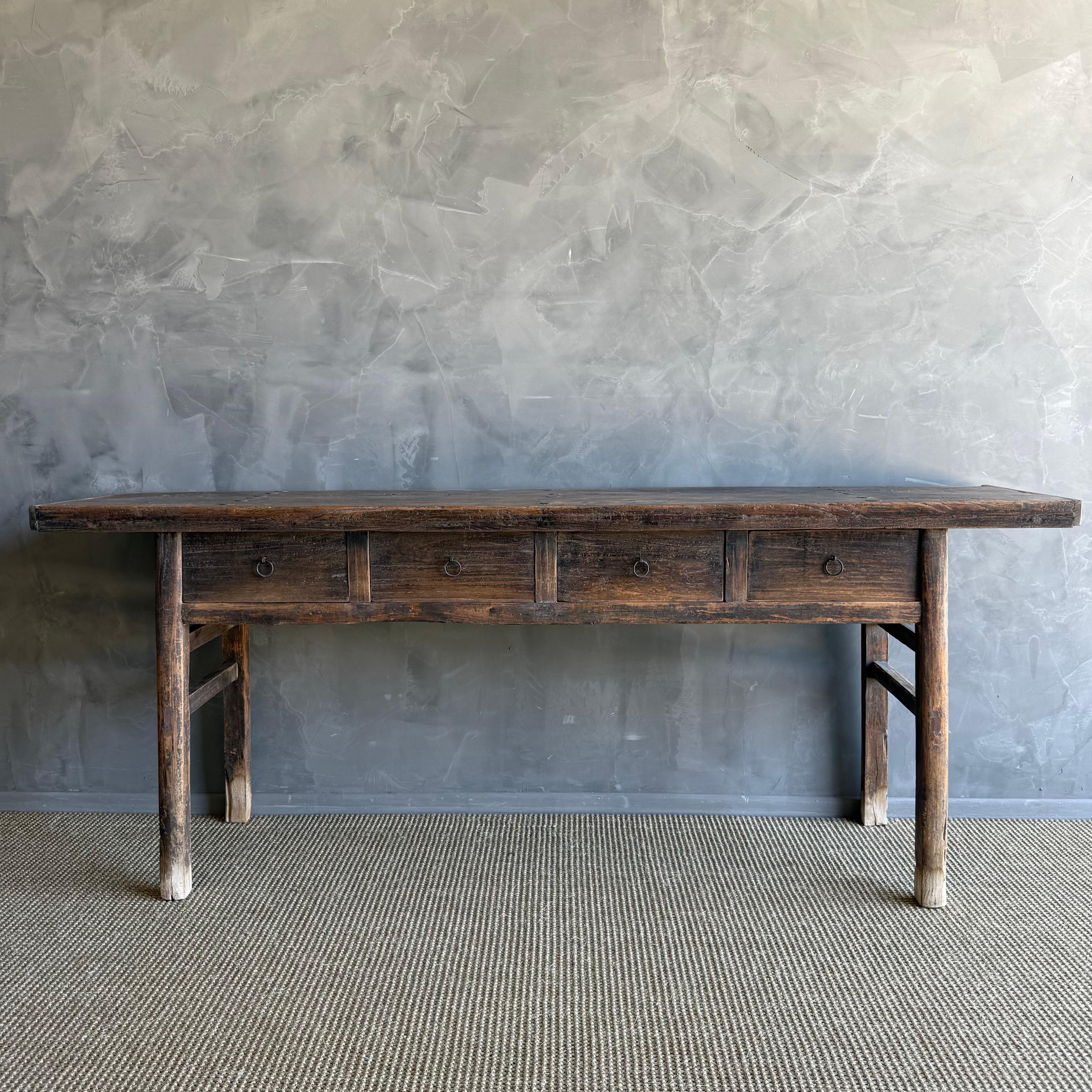 Vintage Elm Wood Painted Console with Drawers In Good Condition For Sale In Old Town Orange, CA