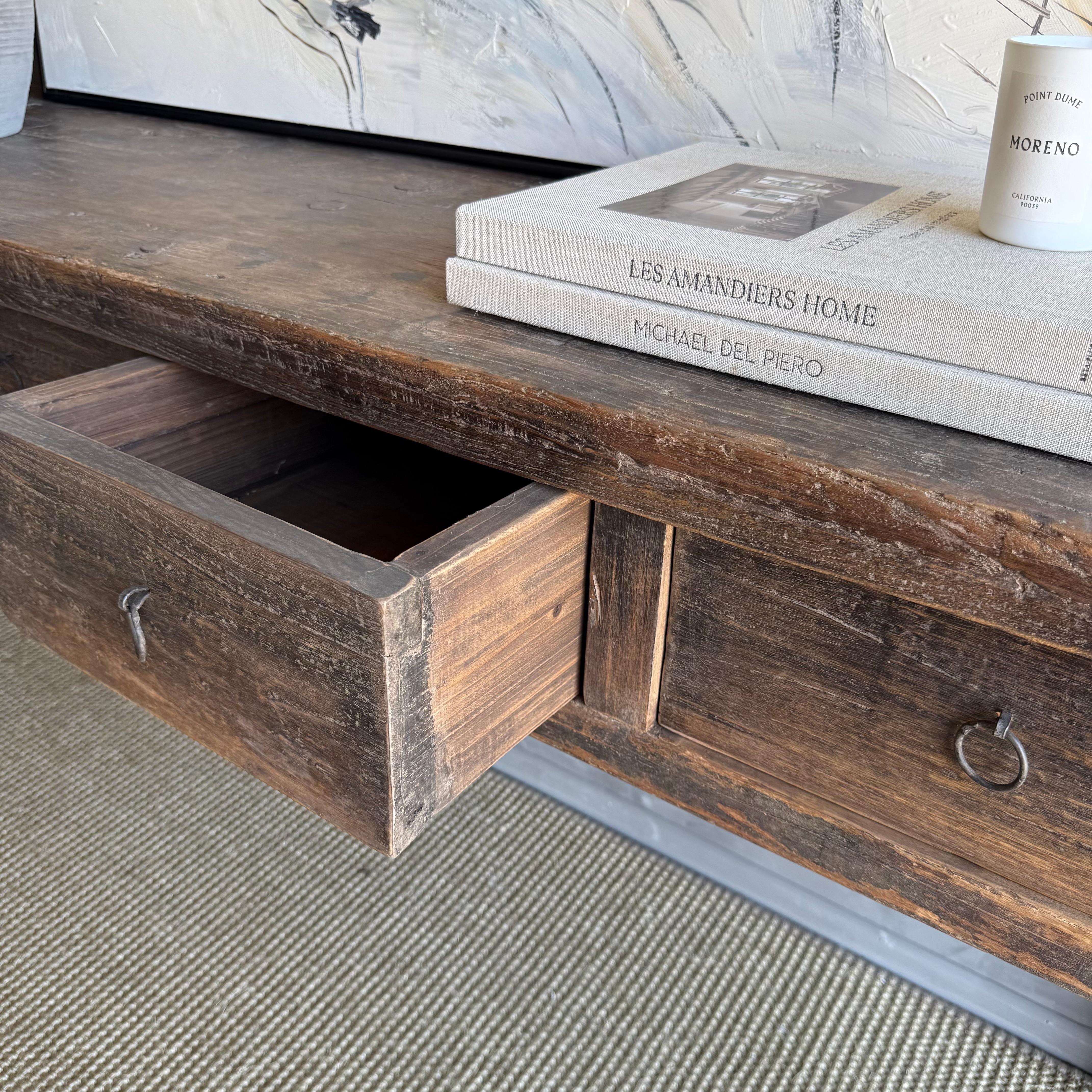 Organic Modern Vintage Elm Wood Painted Console with Drawers For Sale