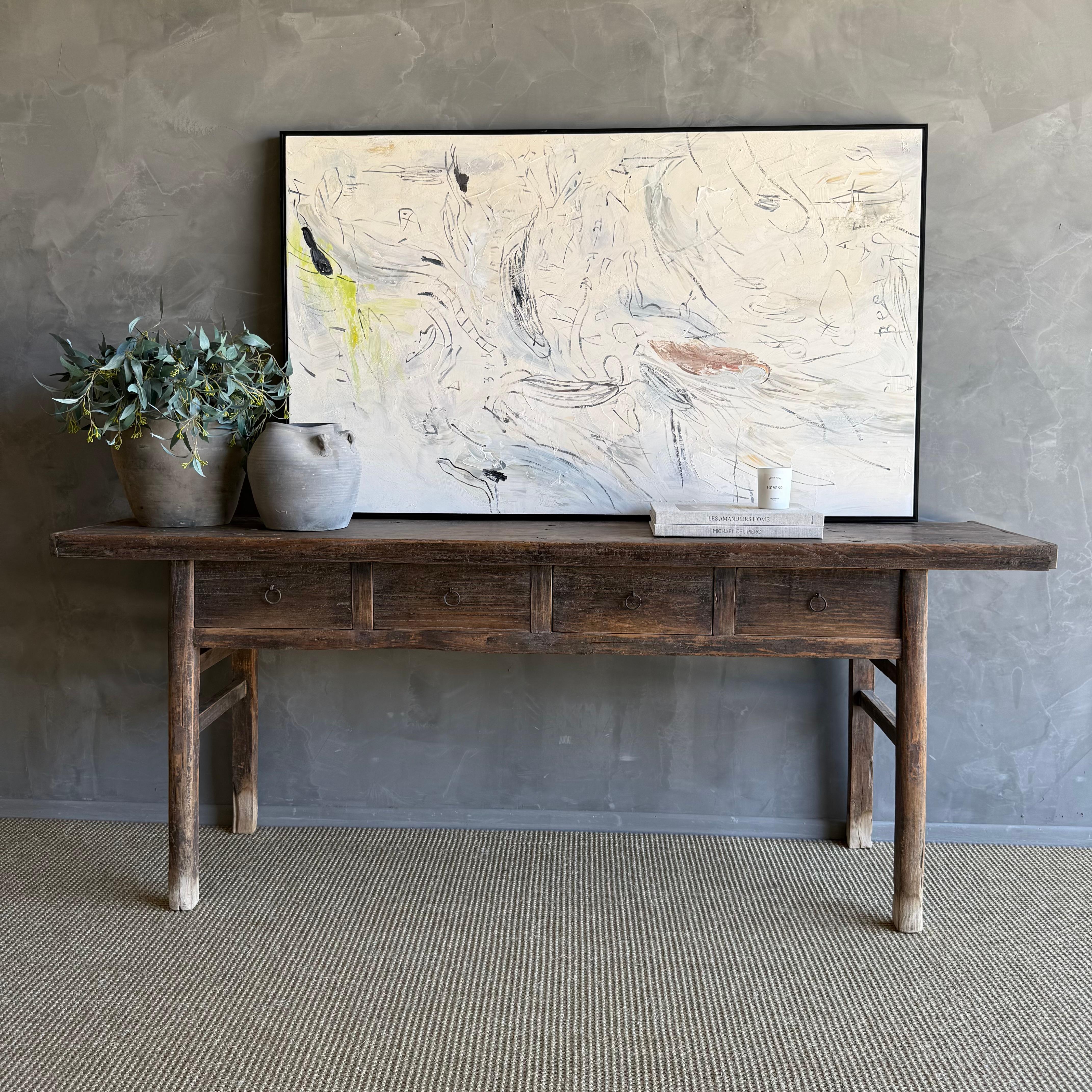 Vintage Elm Wood Painted Console with Drawers For Sale 5