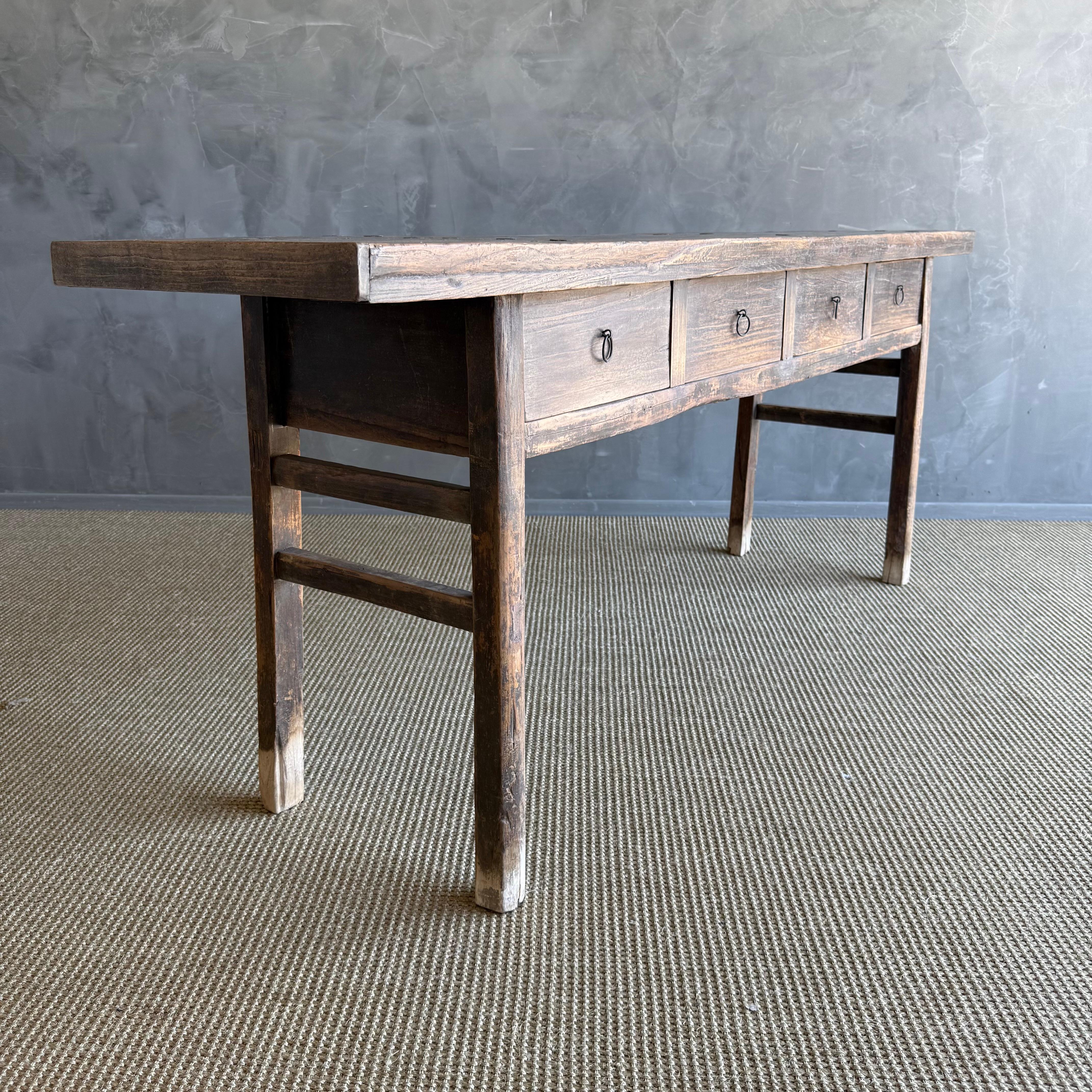 Vintage Elm Wood Painted Console with Drawers For Sale 1