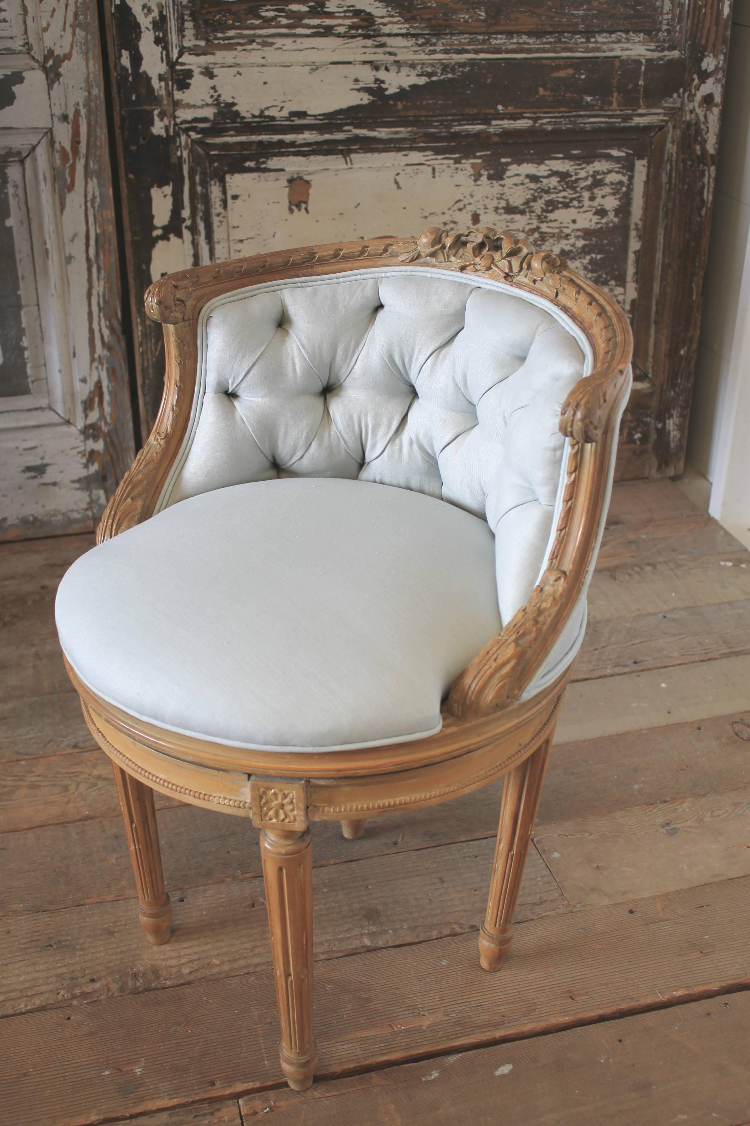 19th Century Antique French Walnut Cane Vanity & Linen Swivel Chair  3