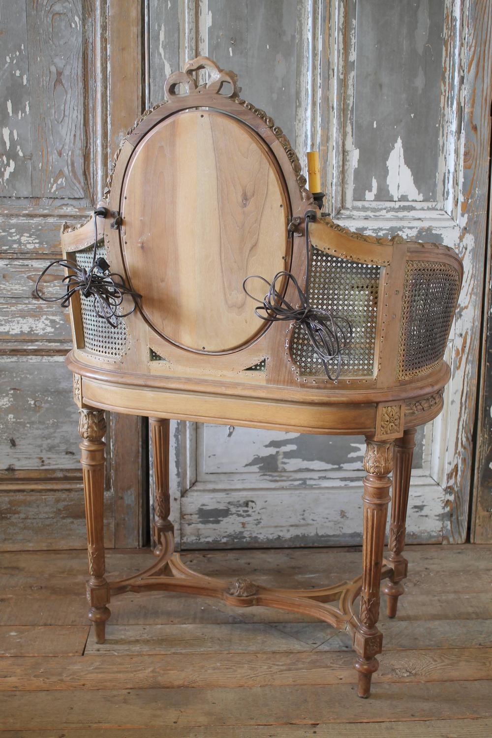 19th Century Antique French Walnut Cane Vanity and Linen Swivel Chair