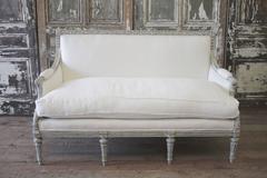 Painted Louis XVI Style French Country Sofa Settee in White Linen