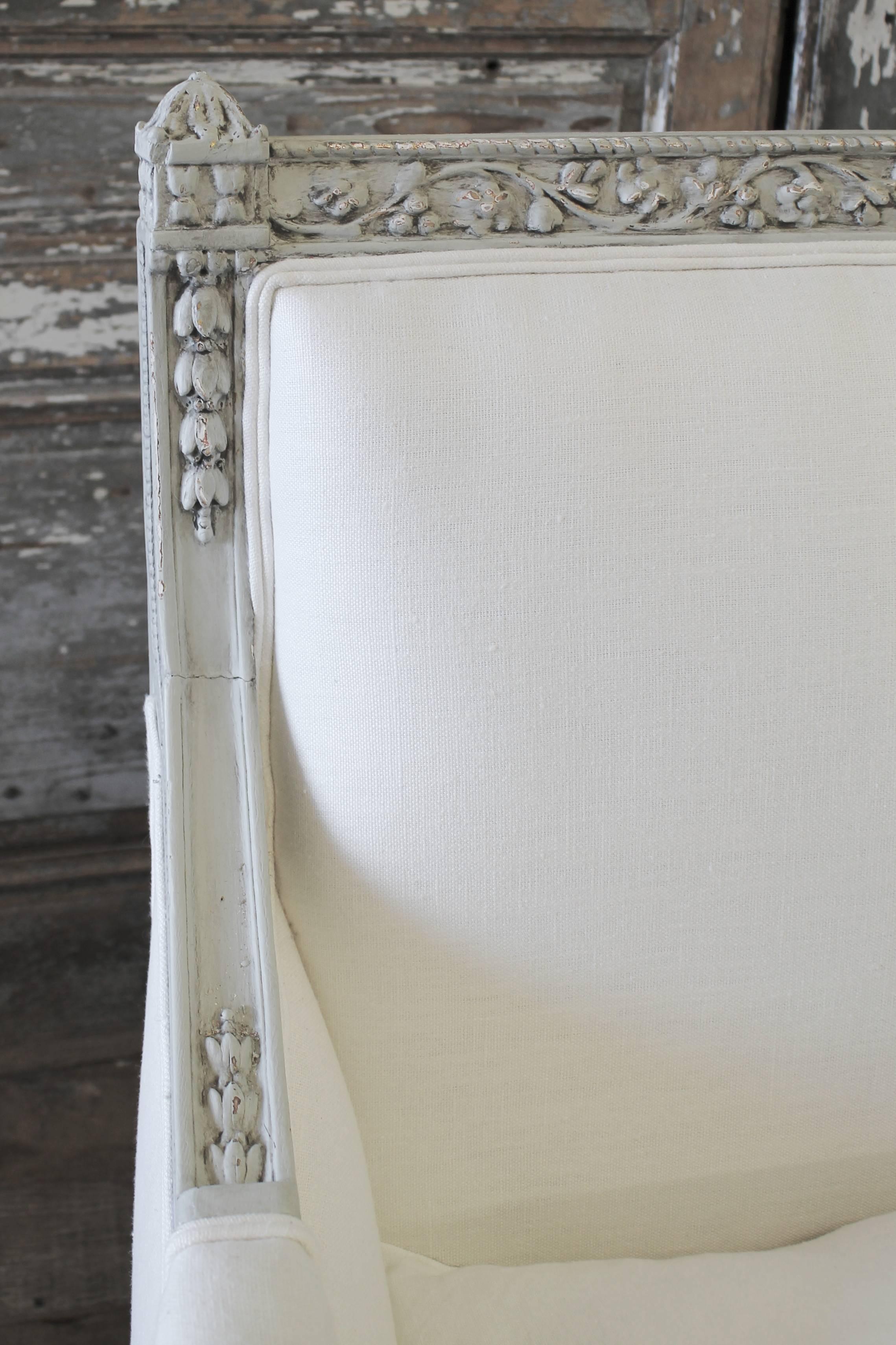 Carved Painted Louis XVI Style French Country Sofa Settee in White Linen