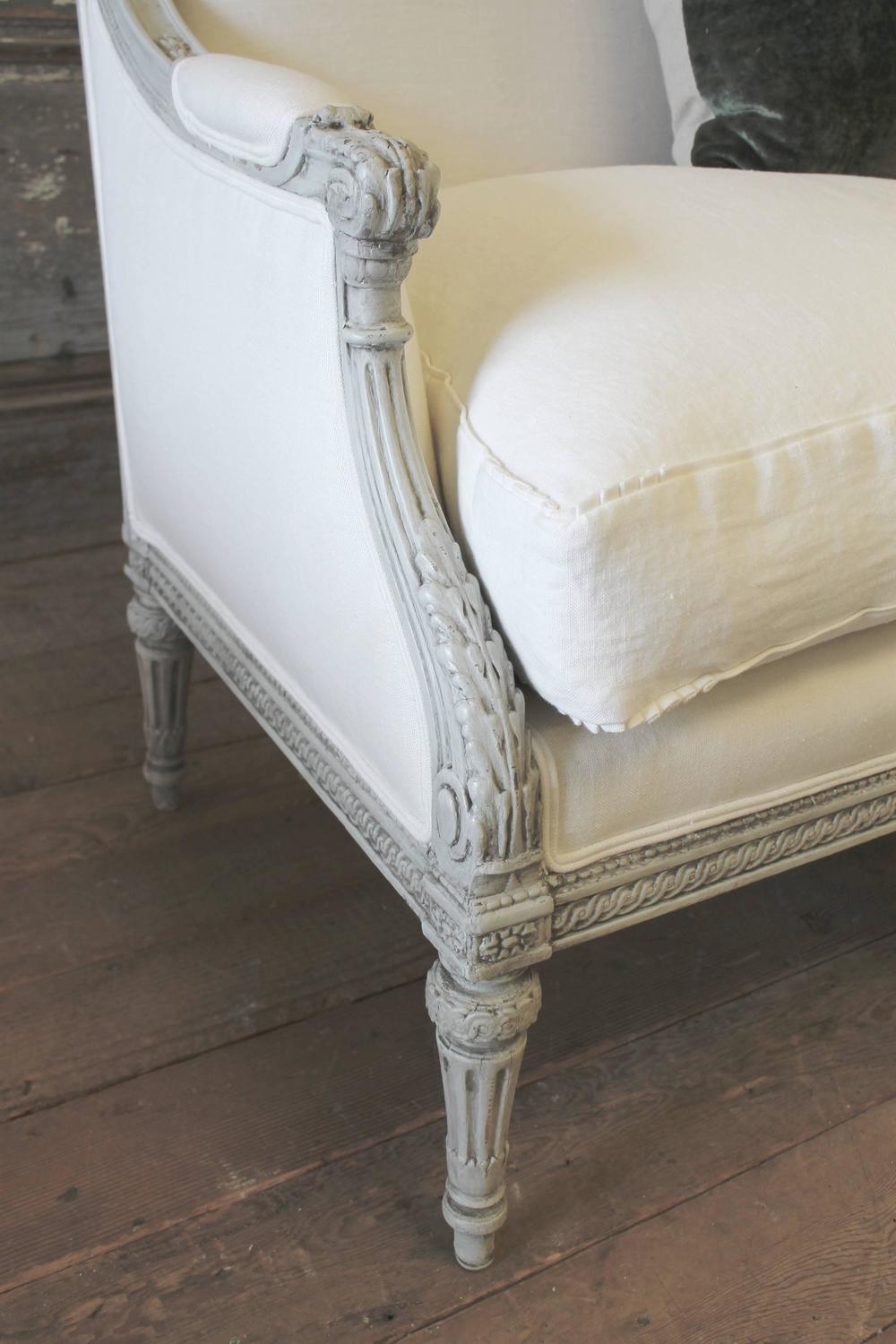 Painted Louis XVI Style French Country Sofa Settee in White Linen at
