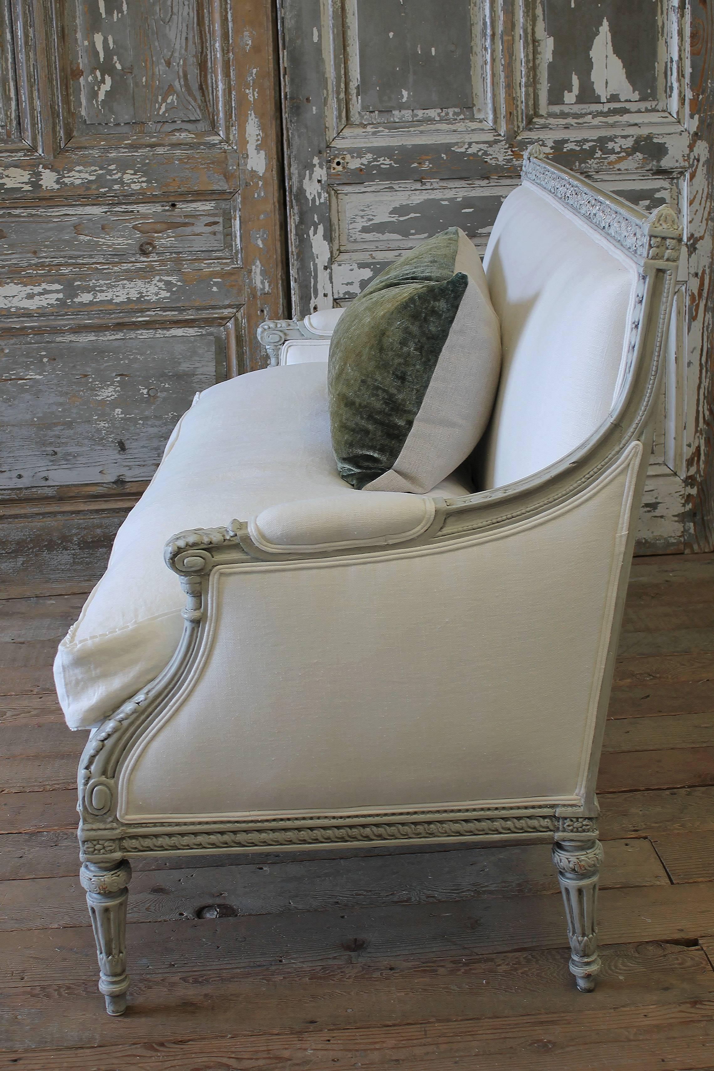 19th Century Painted Louis XVI Style French Country Sofa Settee in White Linen