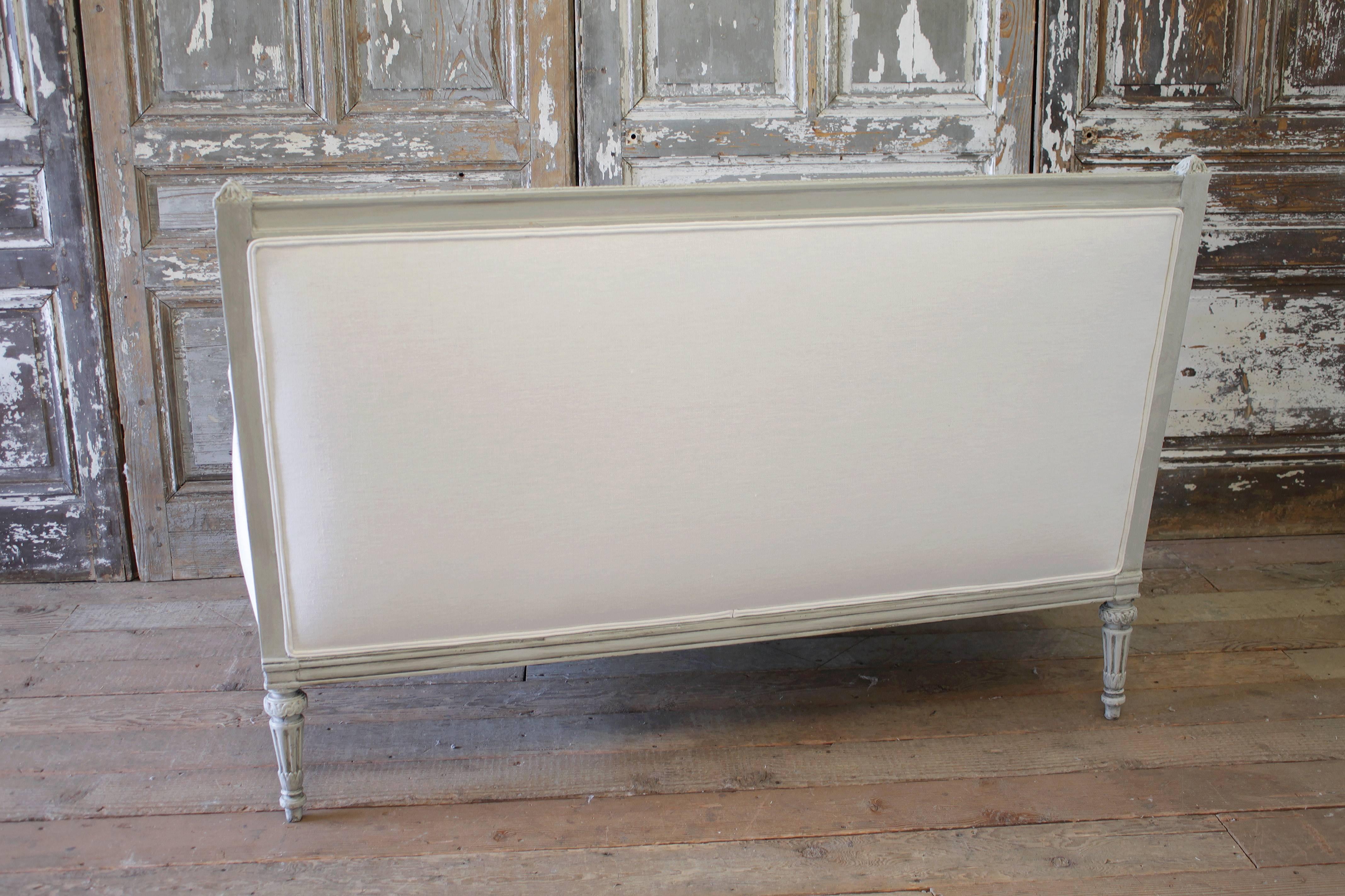 Down Painted Louis XVI Style French Country Sofa Settee in White Linen
