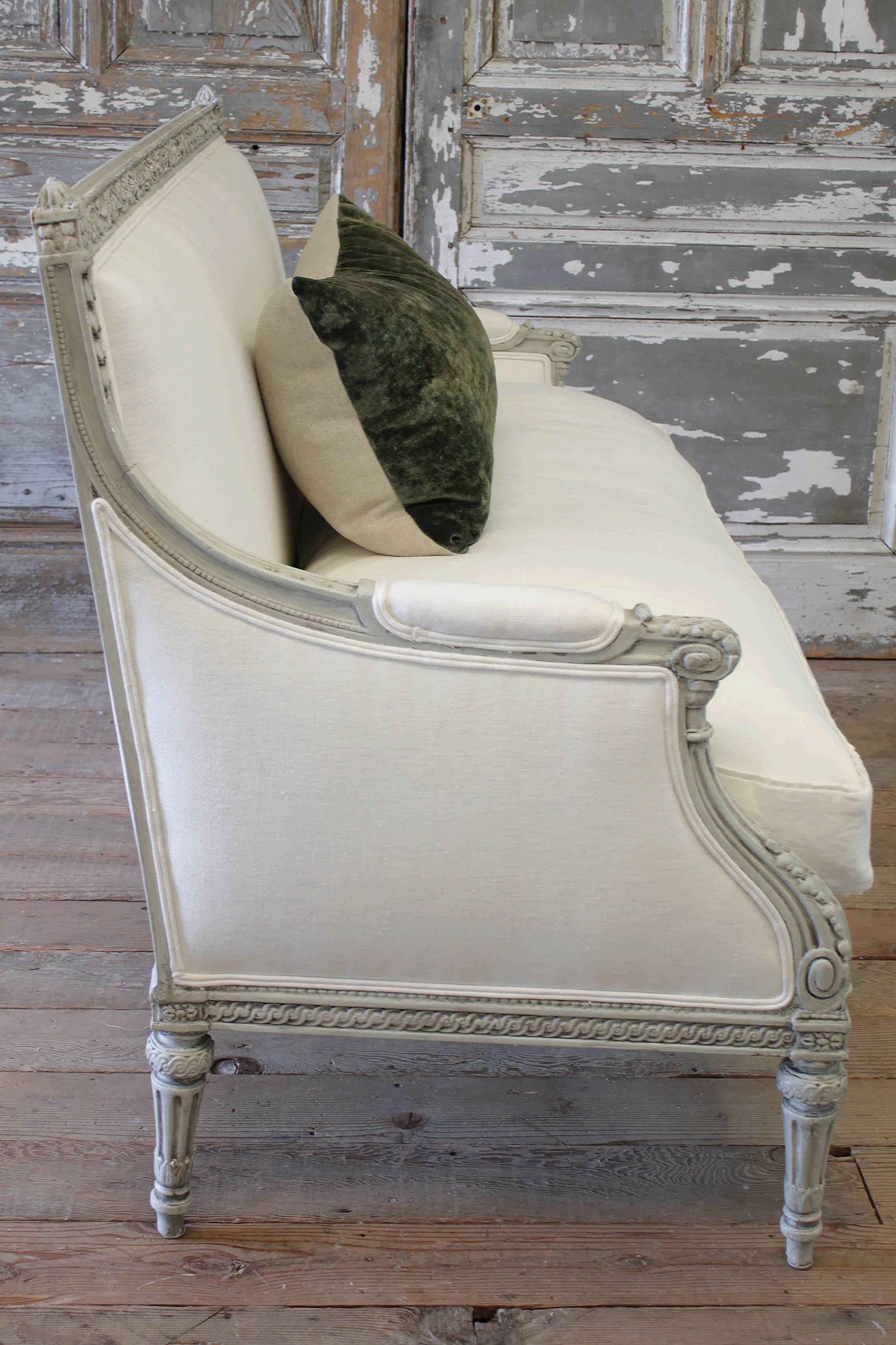 Painted Louis XVI Style French Country Sofa Settee in White Linen 1