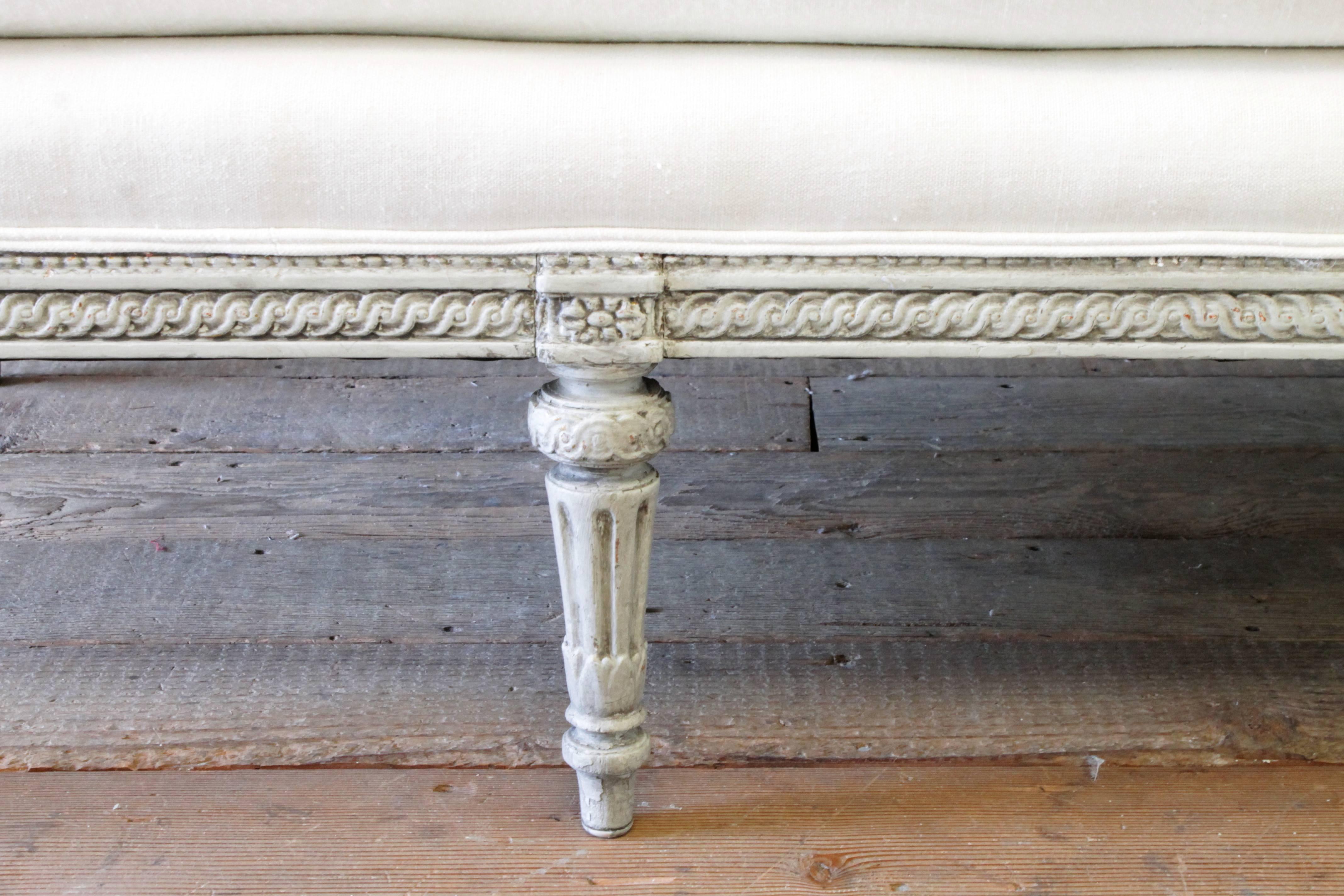 Painted Louis XVI Style French Country Sofa Settee in White Linen 2