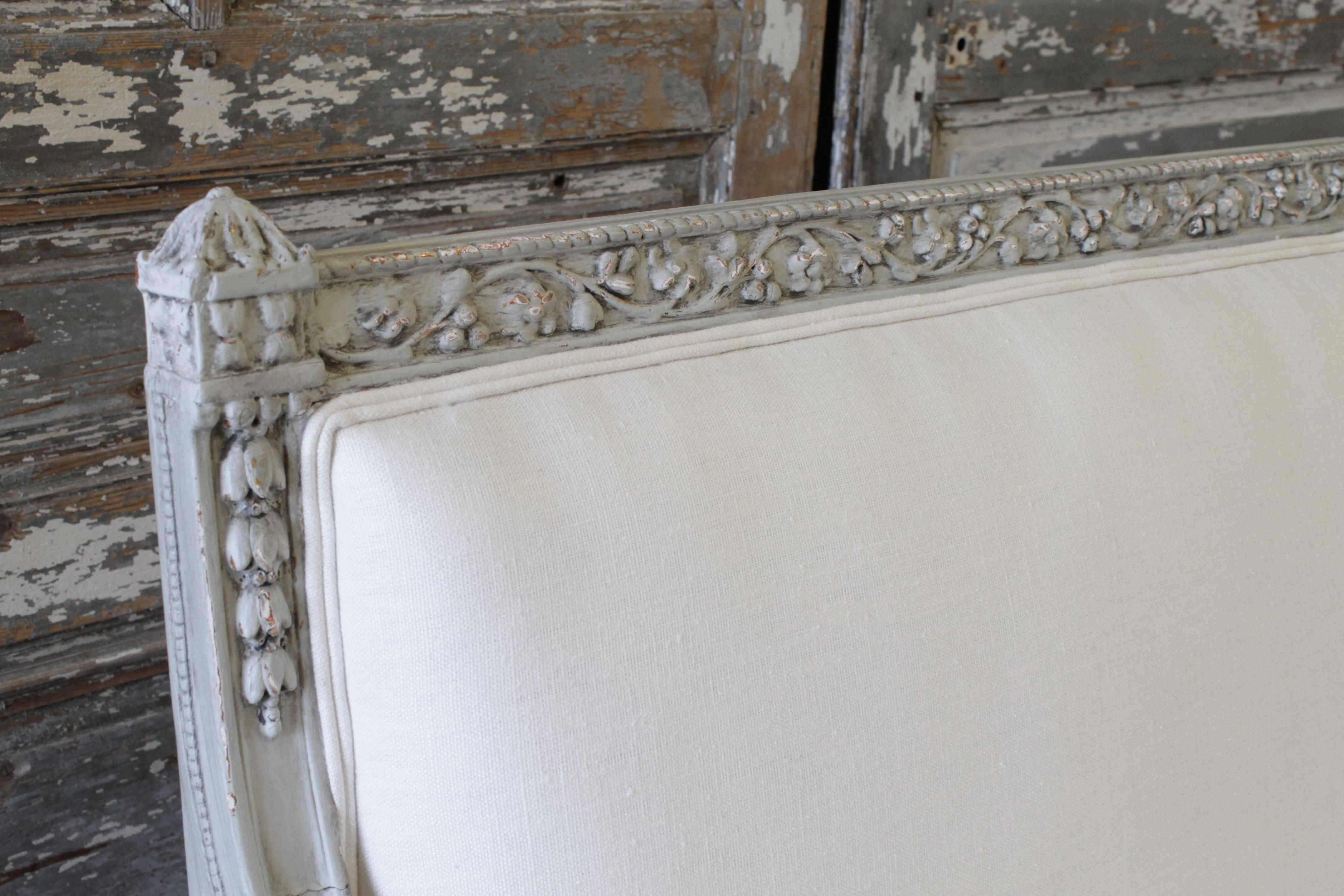 Painted Louis XVI Style French Country Sofa Settee in White Linen 3