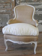 Vintage Carved French Country Style Chair with Linen Slip Covered Cushion