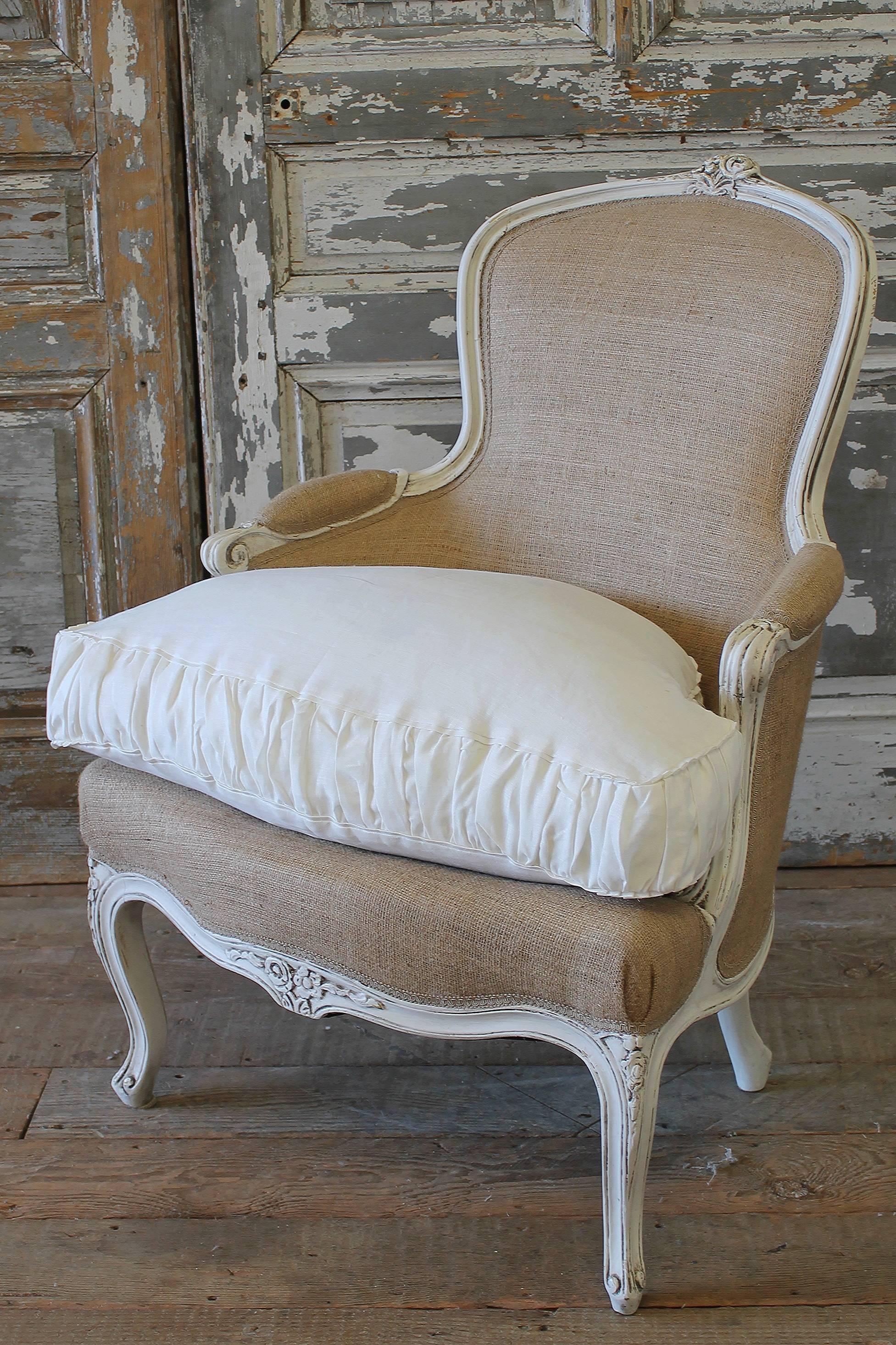American Vintage Carved French Country Style Chair with Linen Slip Covered Cushion