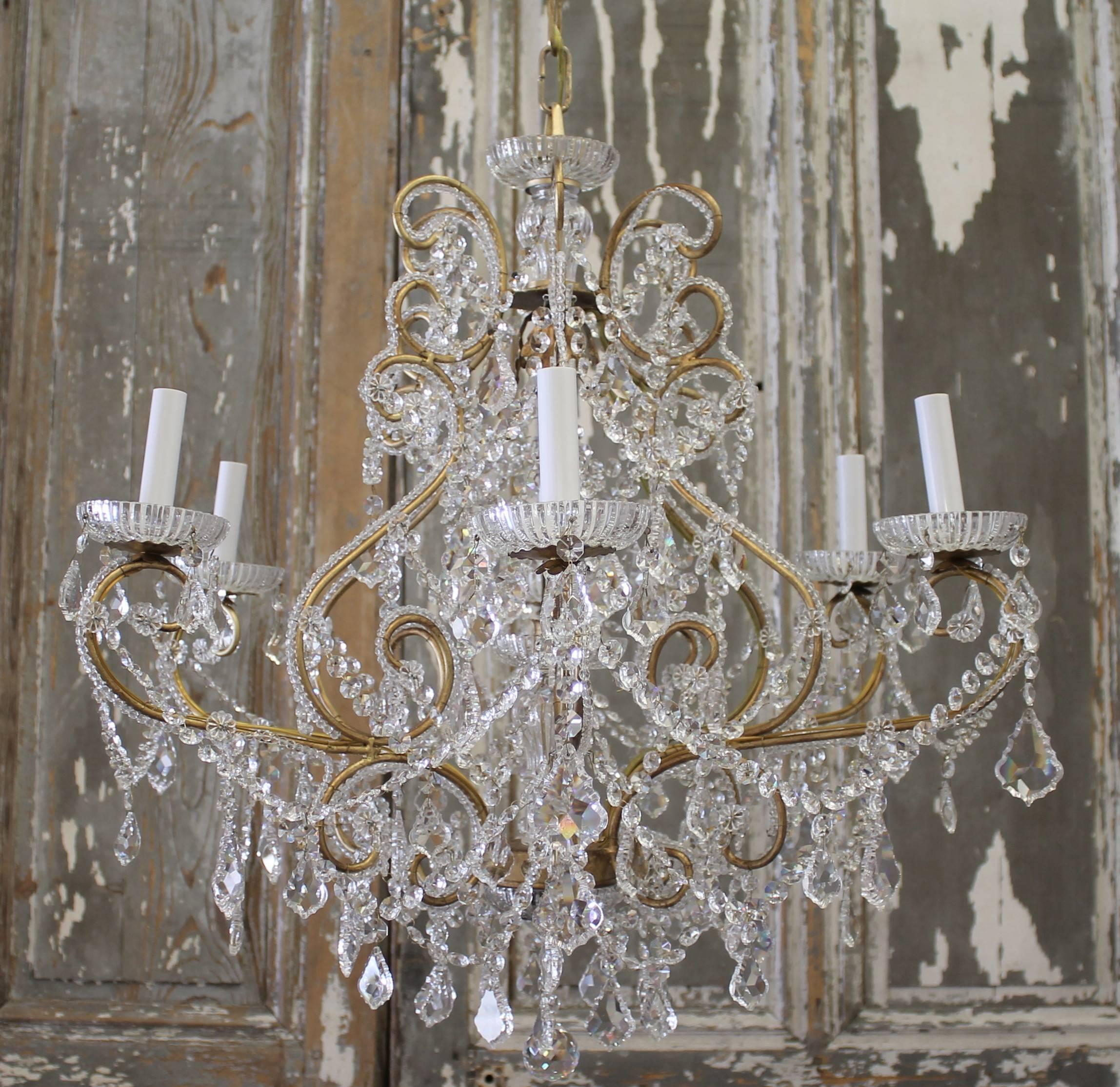 Romantic Antique Gold French Beaded Crystal Chandelier with Six-Light