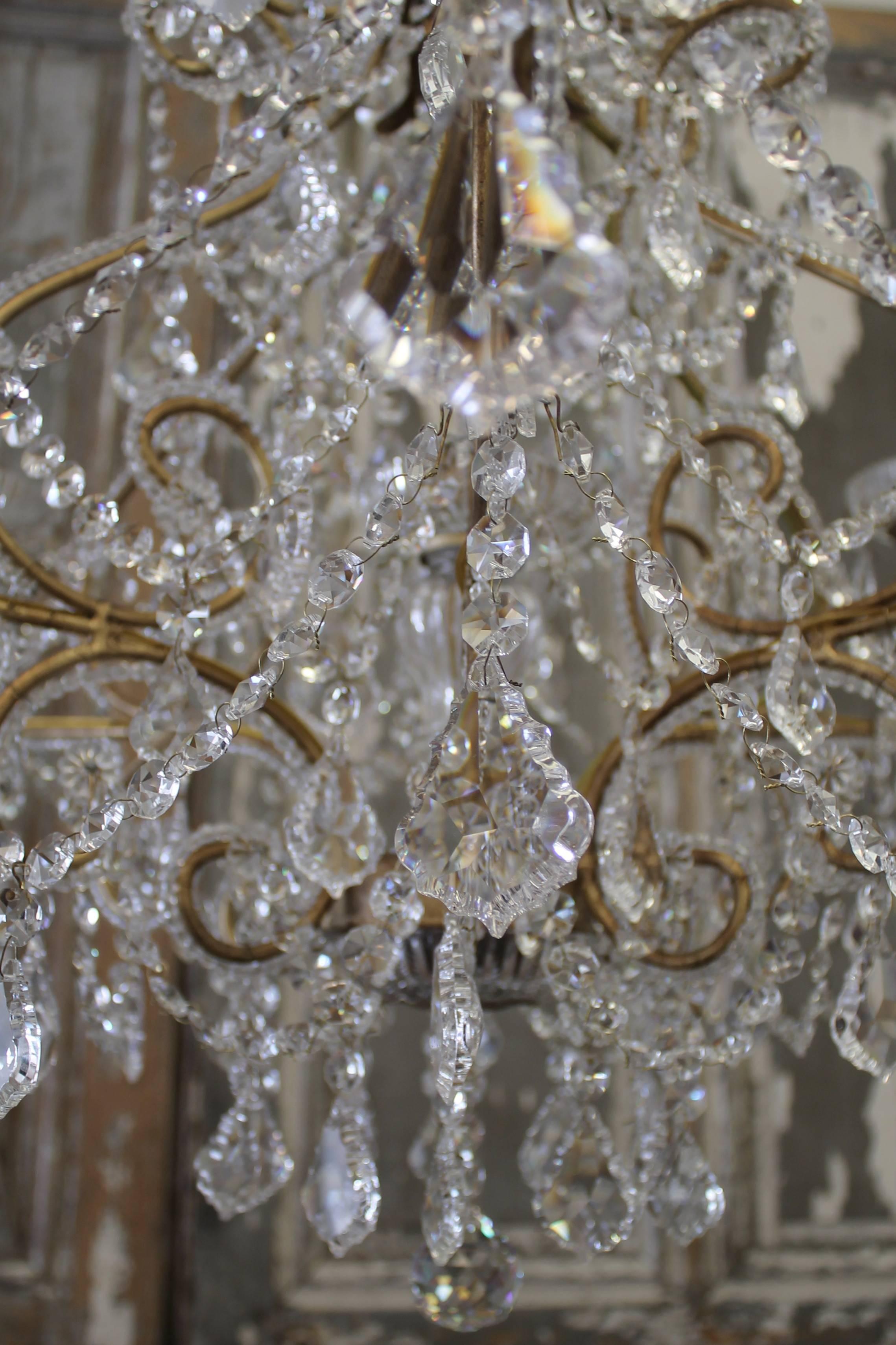 Italian Antique Gold French Beaded Crystal Chandelier with Six-Light