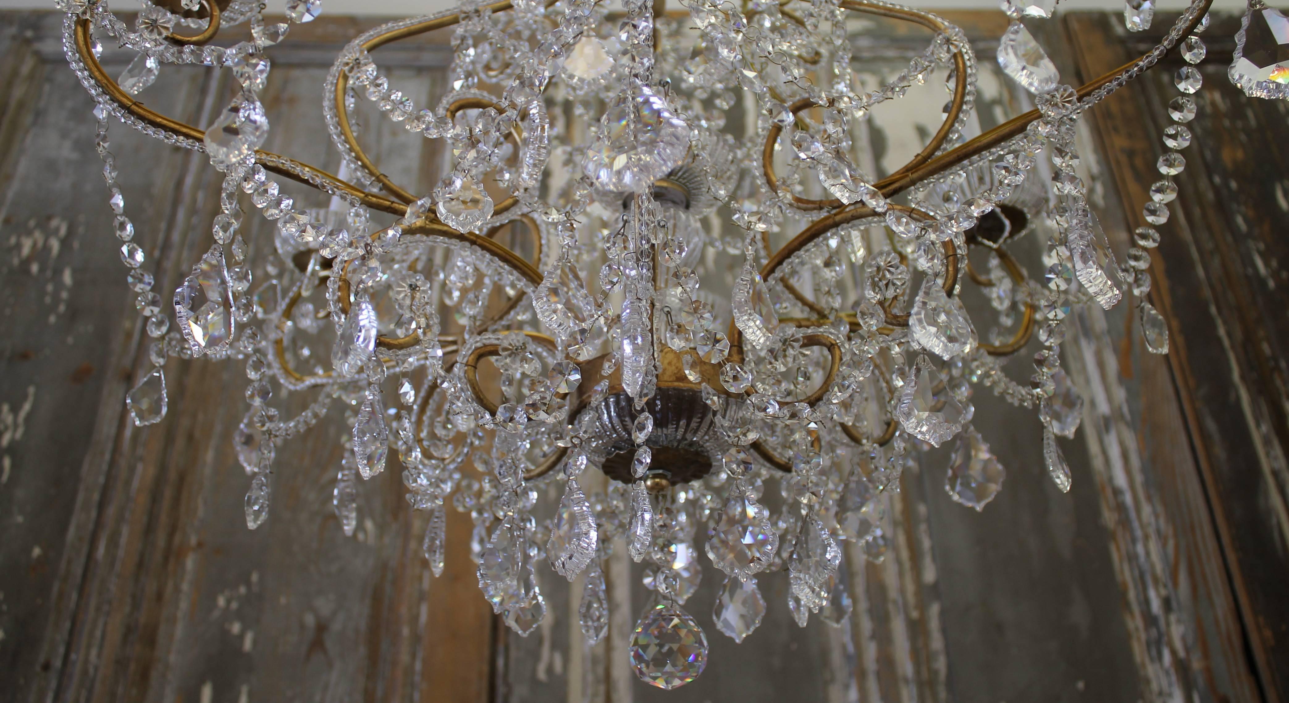 Painted Antique Gold French Beaded Crystal Chandelier with Six-Light