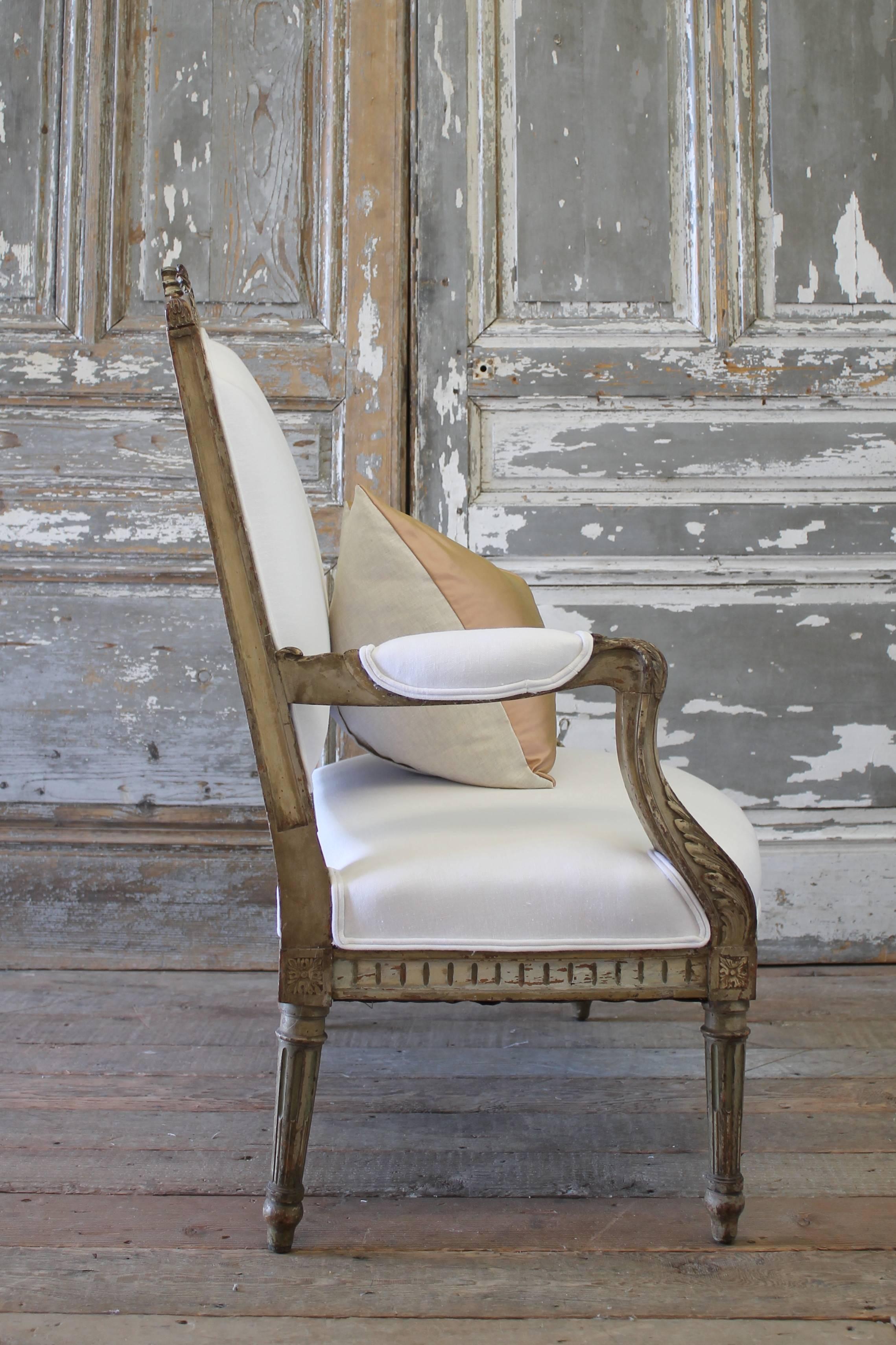 Carved 19th Century Antique French Painted Settee in Organic White Linen
