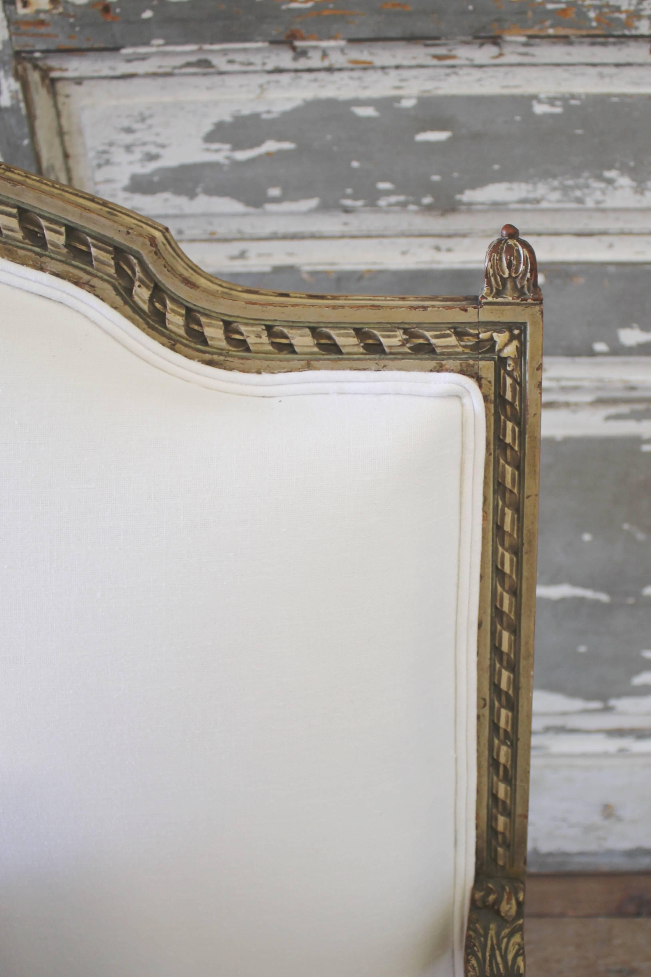 19th Century Antique French Painted Settee in Organic White Linen In Good Condition In Brea, CA