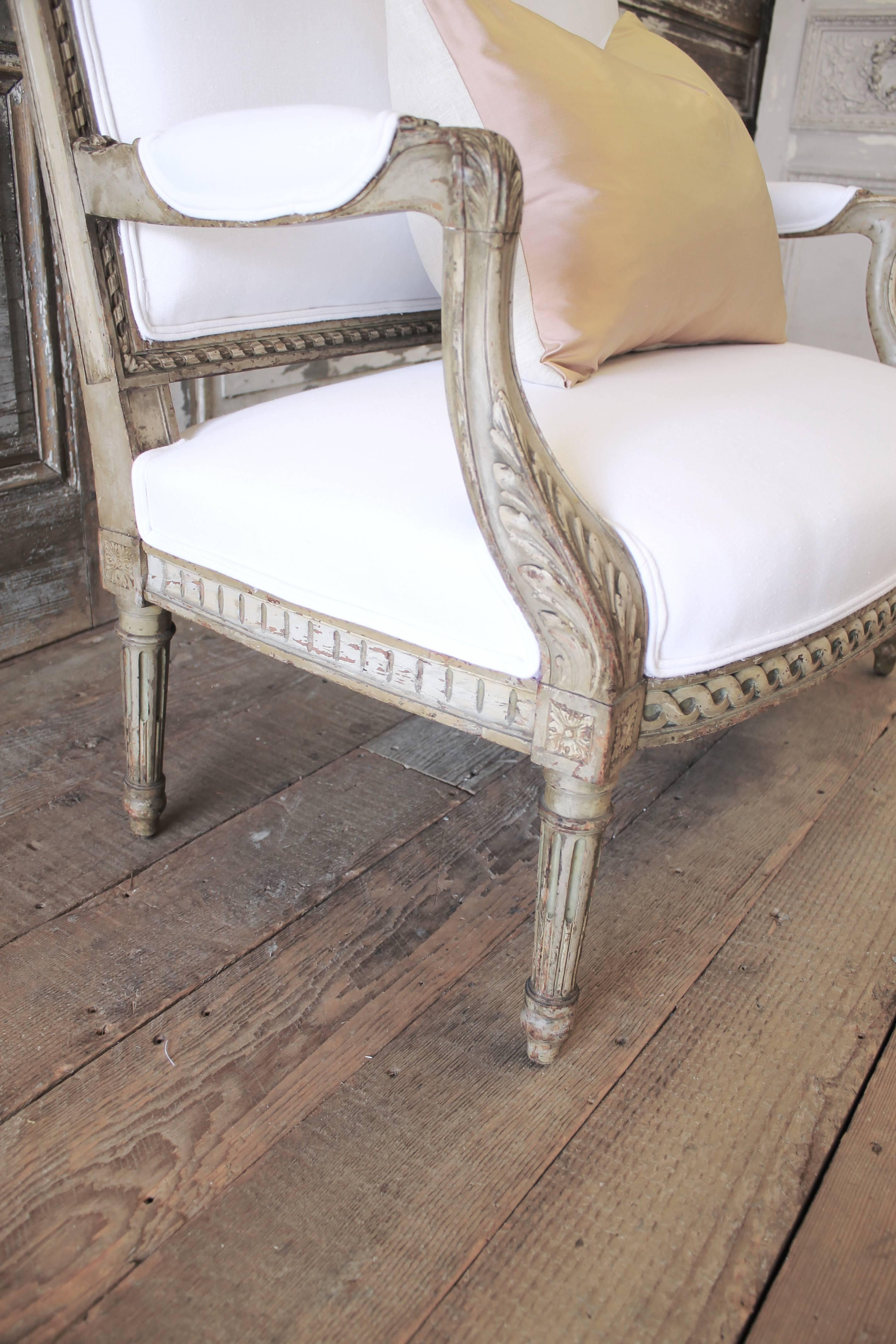 19th Century Antique French Painted Settee in Organic White Linen 1
