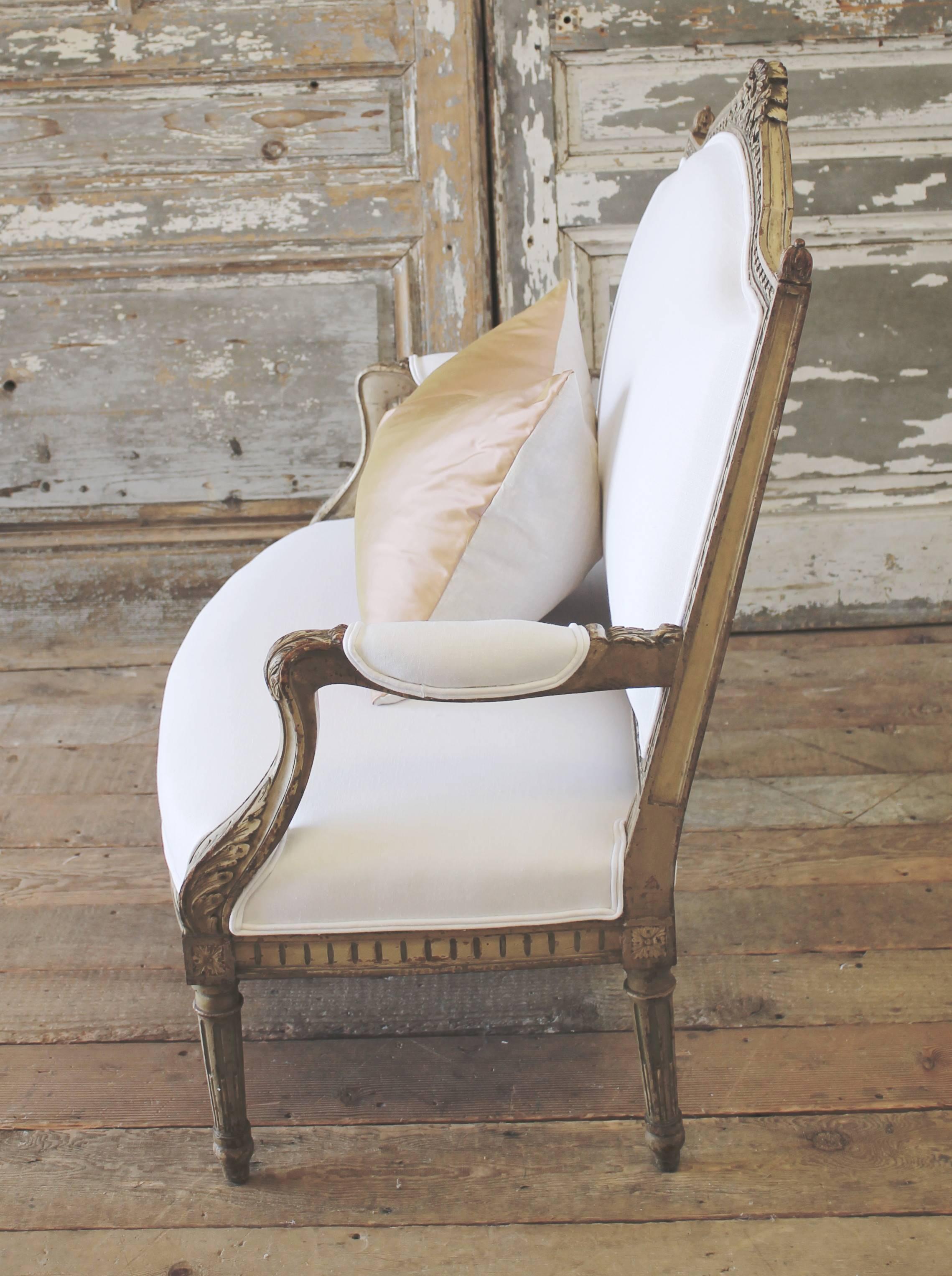 19th Century Antique French Painted Settee in Organic White Linen 2