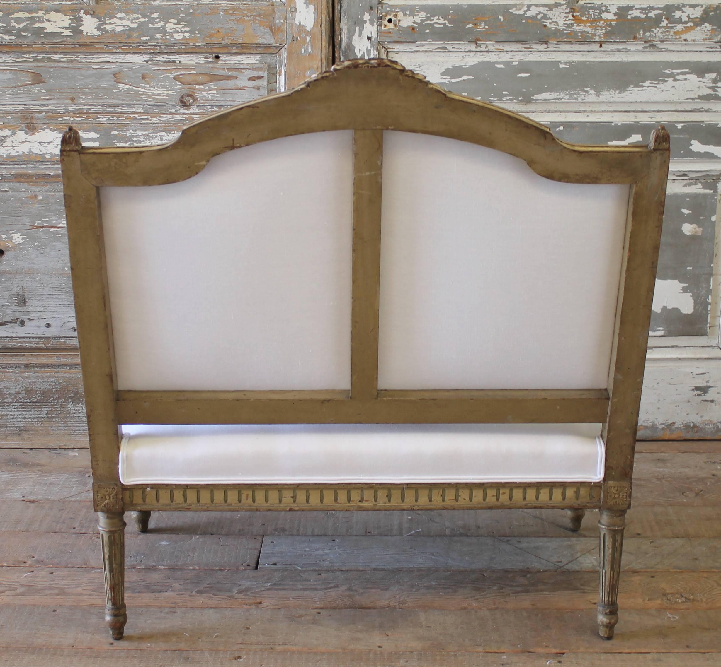 19th Century Antique French Painted Settee in Organic White Linen 3