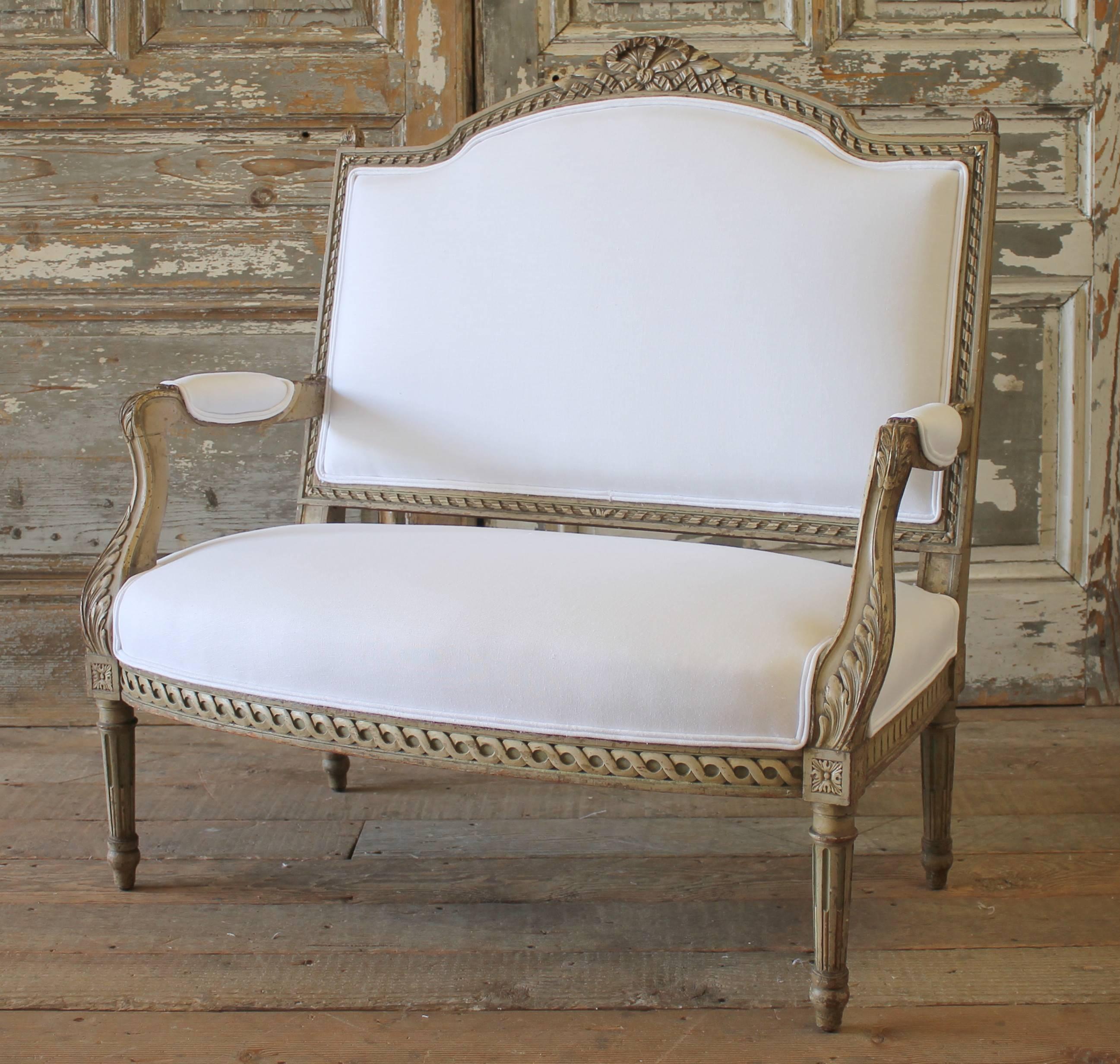 19th Century Antique French Painted Settee in Organic White Linen 4