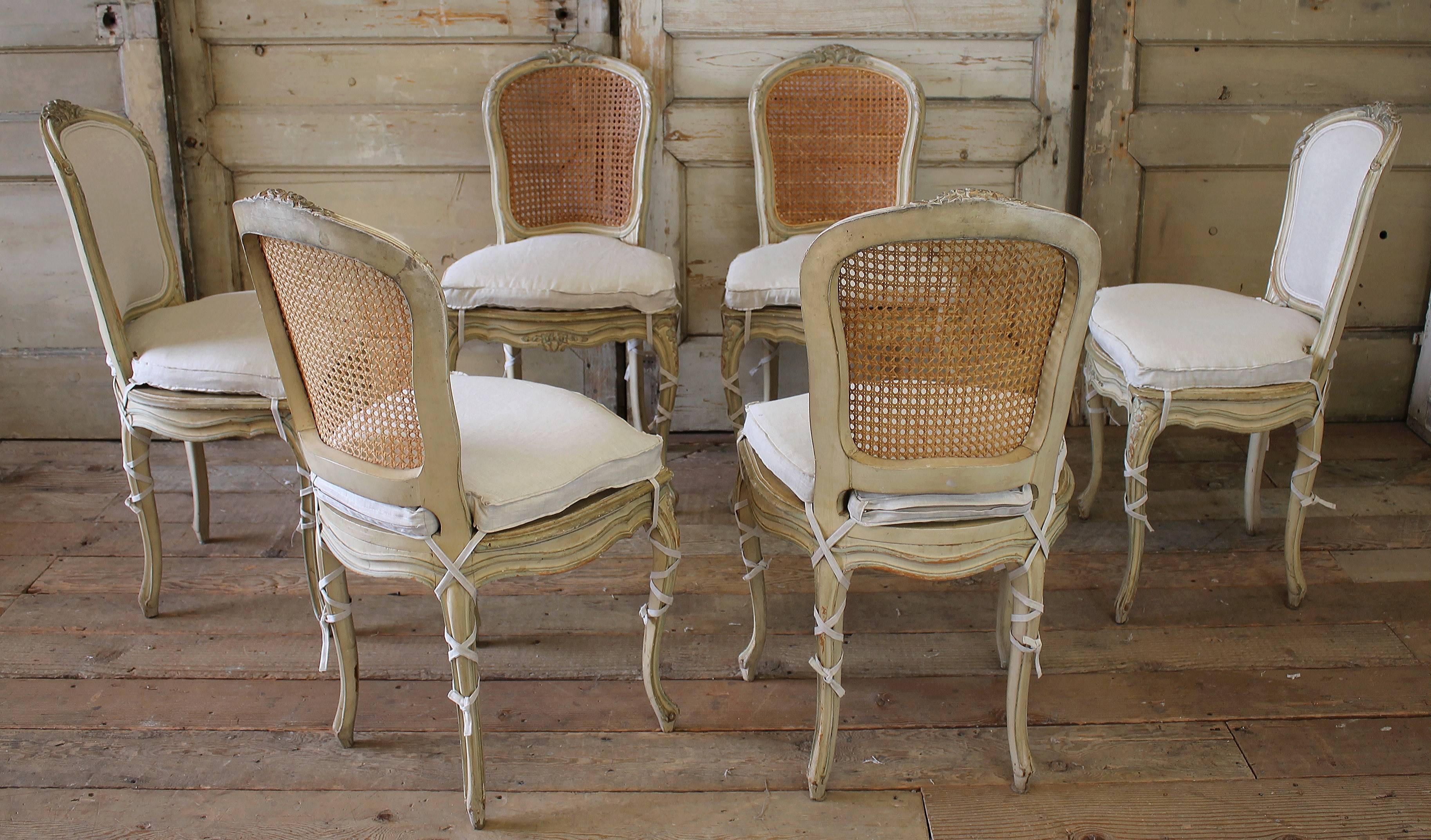 19th Century Louis XV Antique French Cane Dining Chairs with Original Paint 2