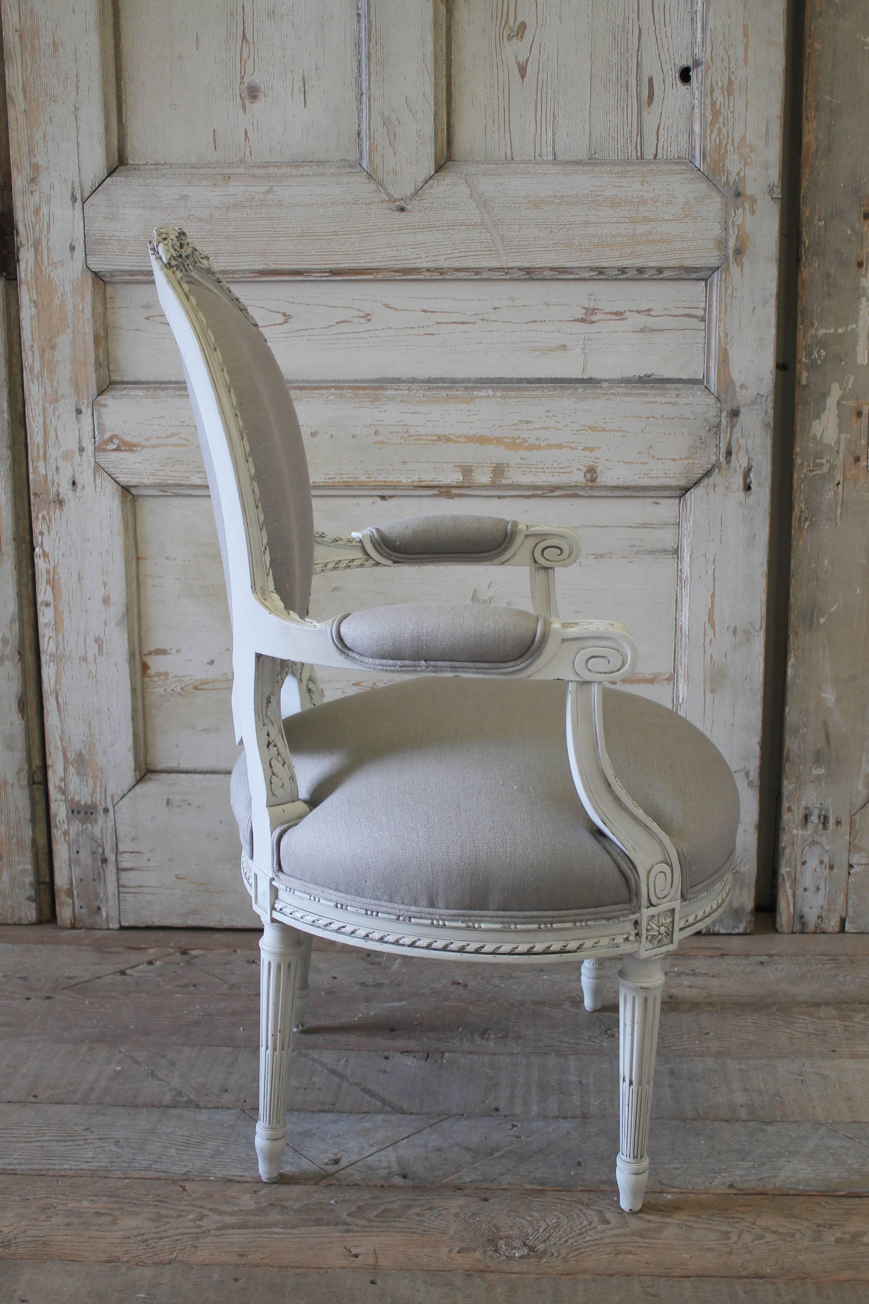 Pair of 19th Century Louis XVI Painted French Fauteuils Armchairs in Grey Linen 2