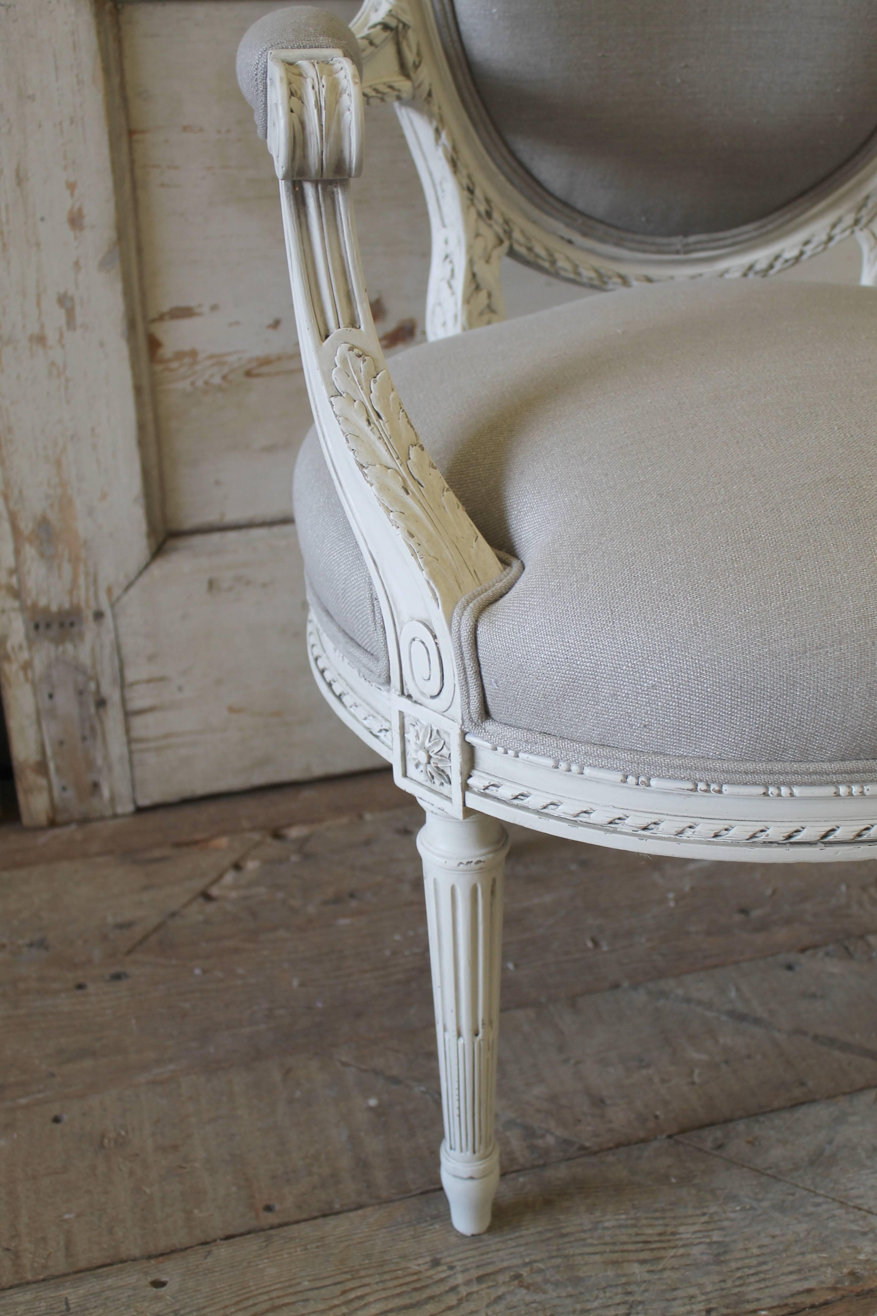 Pair of 19th Century Louis XVI Painted French Fauteuils Armchairs in Grey Linen 3